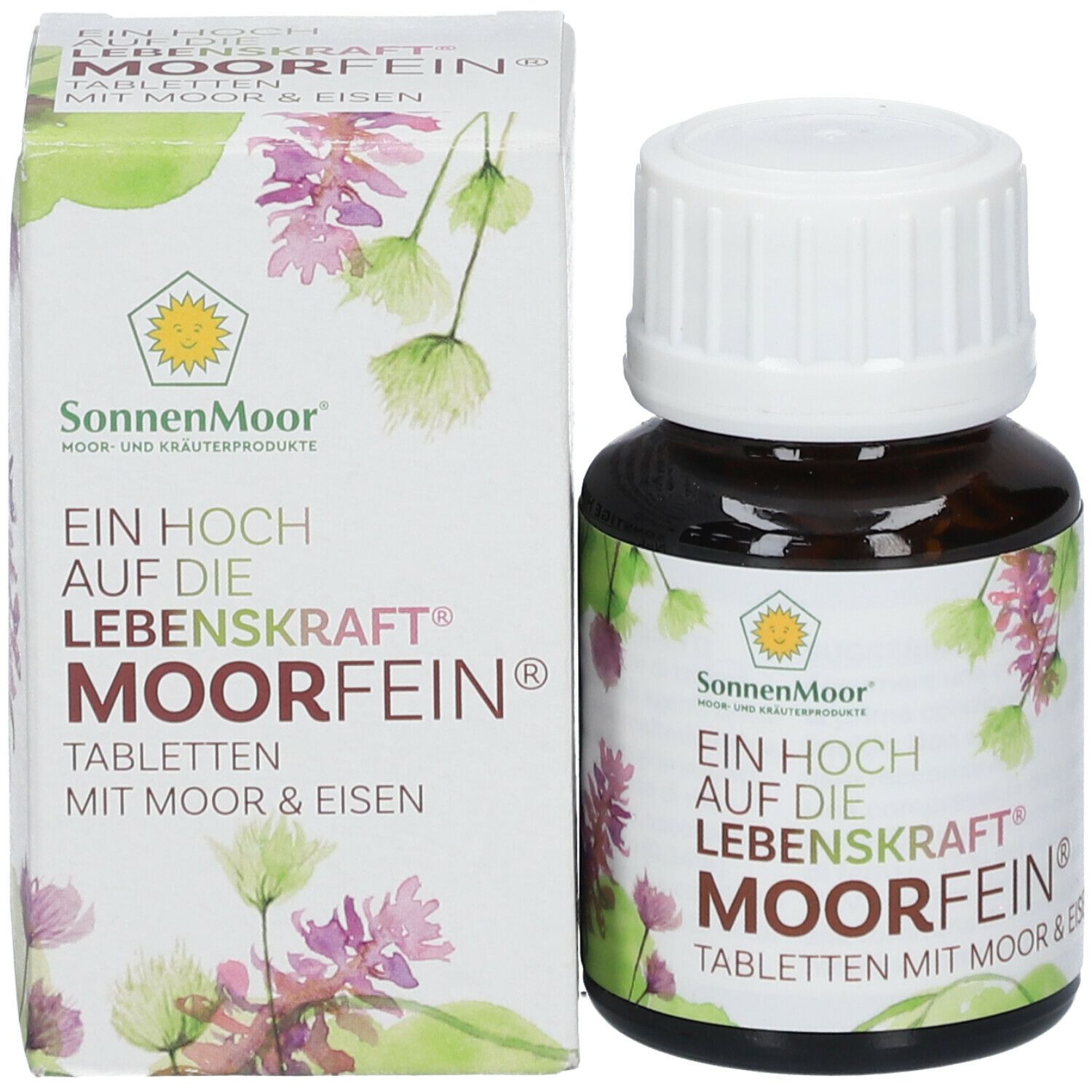 SonnenMoor MoorFein Tabletten, Flasche und Schachtel. Braune Flasche mit weißem Deckel. Schachtel mit Text und Logo.