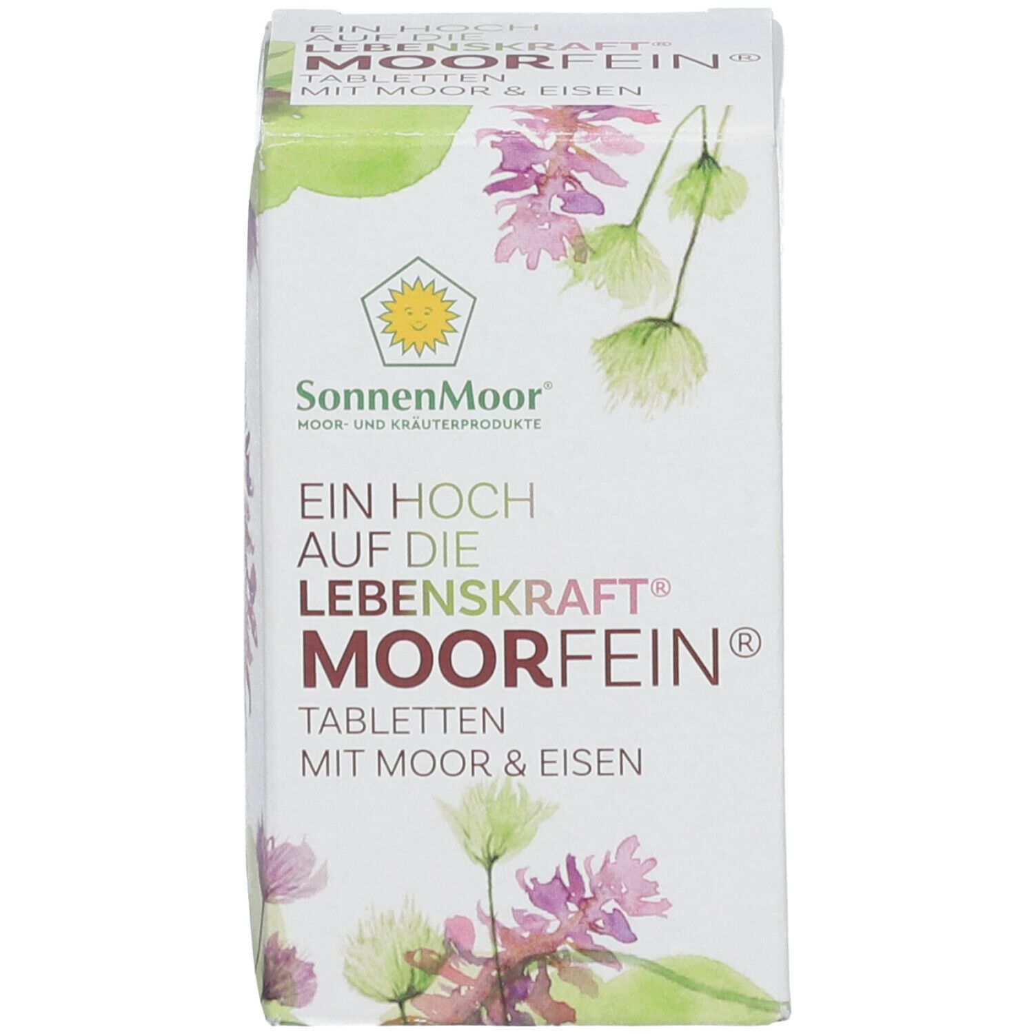 SonnenMoor MoorFein Tabletten, Schachtel. Weiße Schachtel mit Text, Logo und floralem Design.