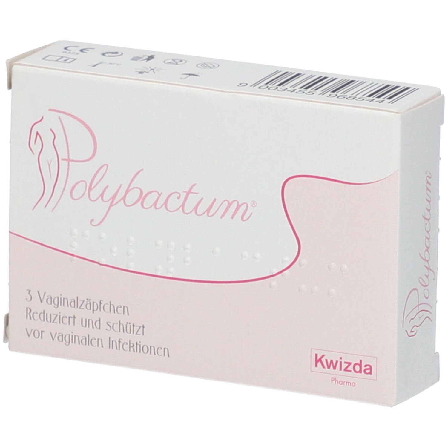 Karton Polybactum® mit Logo, Produktinformationen und Braille-Schrift. Enthält 3 Vaginalzäpfchen. Kwizda Pharma.