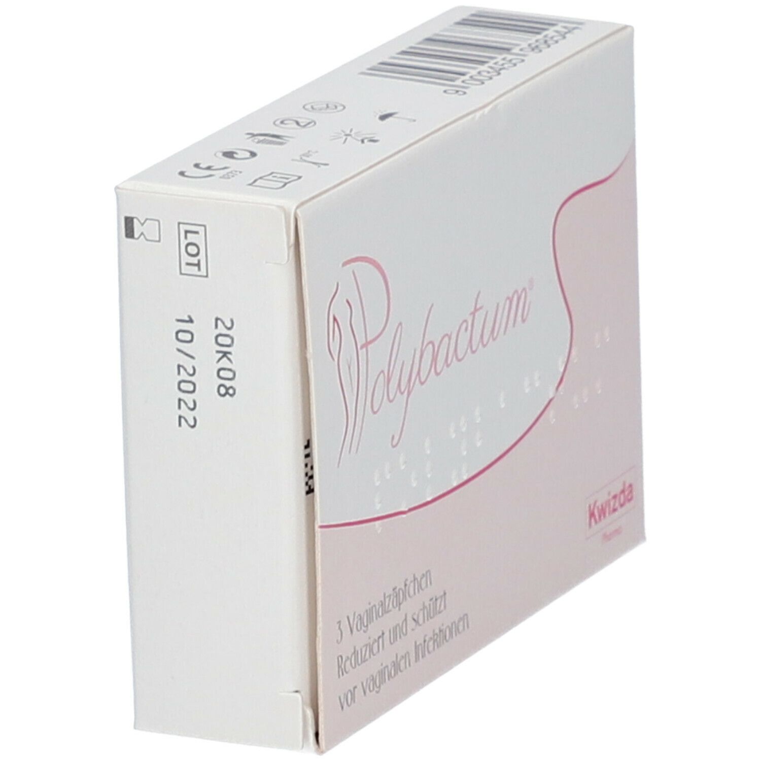 Karton Polybactum® mit Logo, Produktinformationen und Braille-Schrift. Enthält 3 Vaginalzäpfchen. Kwizda Pharma.