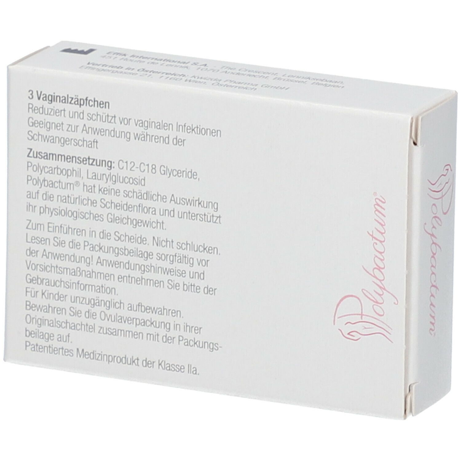 Karton Polybactum® mit Logo, Produktinformationen und Braille-Schrift. Enthält 3 Vaginalzäpfchen. Kwizda Pharma.