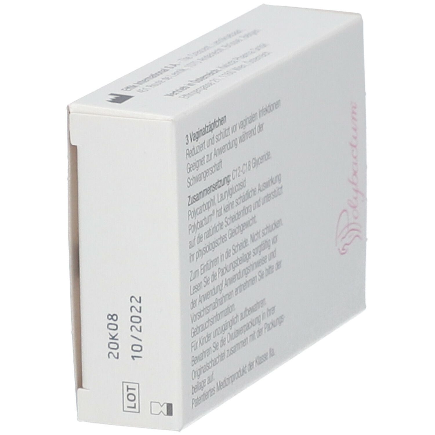 Karton Polybactum® mit Logo, Produktinformationen und Braille-Schrift. Enthält 3 Vaginalzäpfchen. Kwizda Pharma.