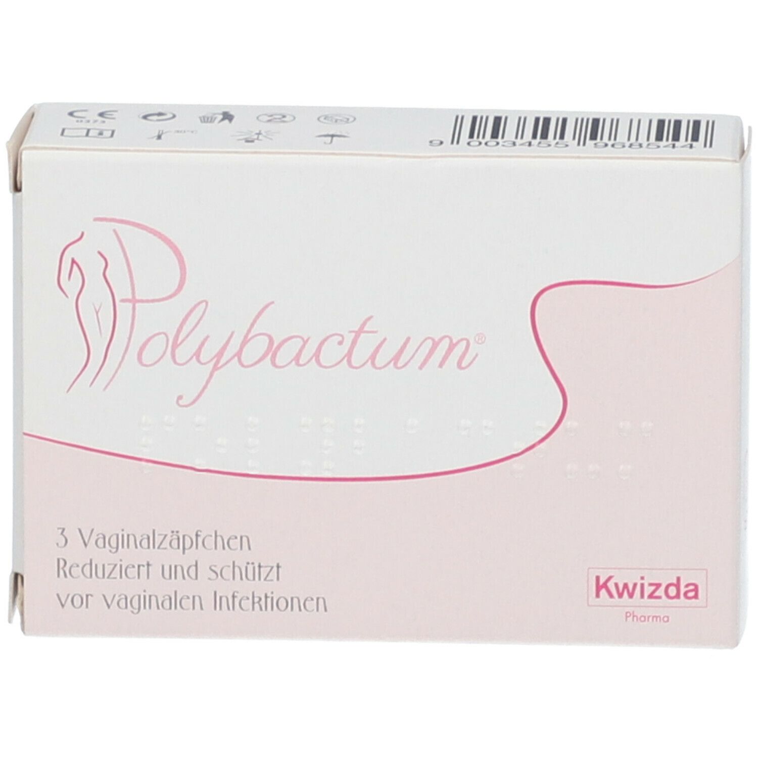 Karton Polybactum® mit Logo, Produktinformationen und Braille-Schrift. Enthält 3 Vaginalzäpfchen. Kwizda Pharma.