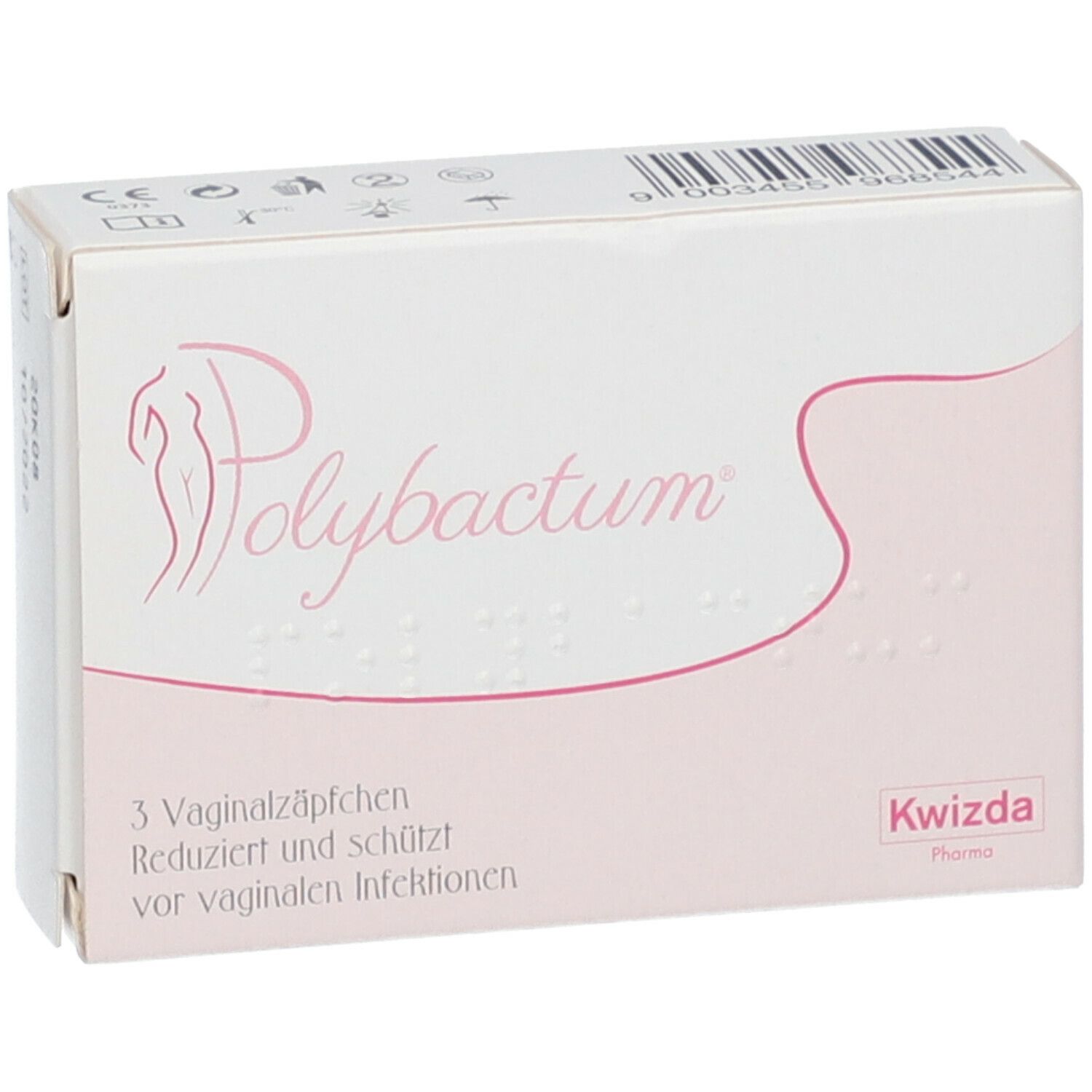 Karton Polybactum® mit Logo, Produktinformationen und Braille-Schrift. Enthält 3 Vaginalzäpfchen. Kwizda Pharma.