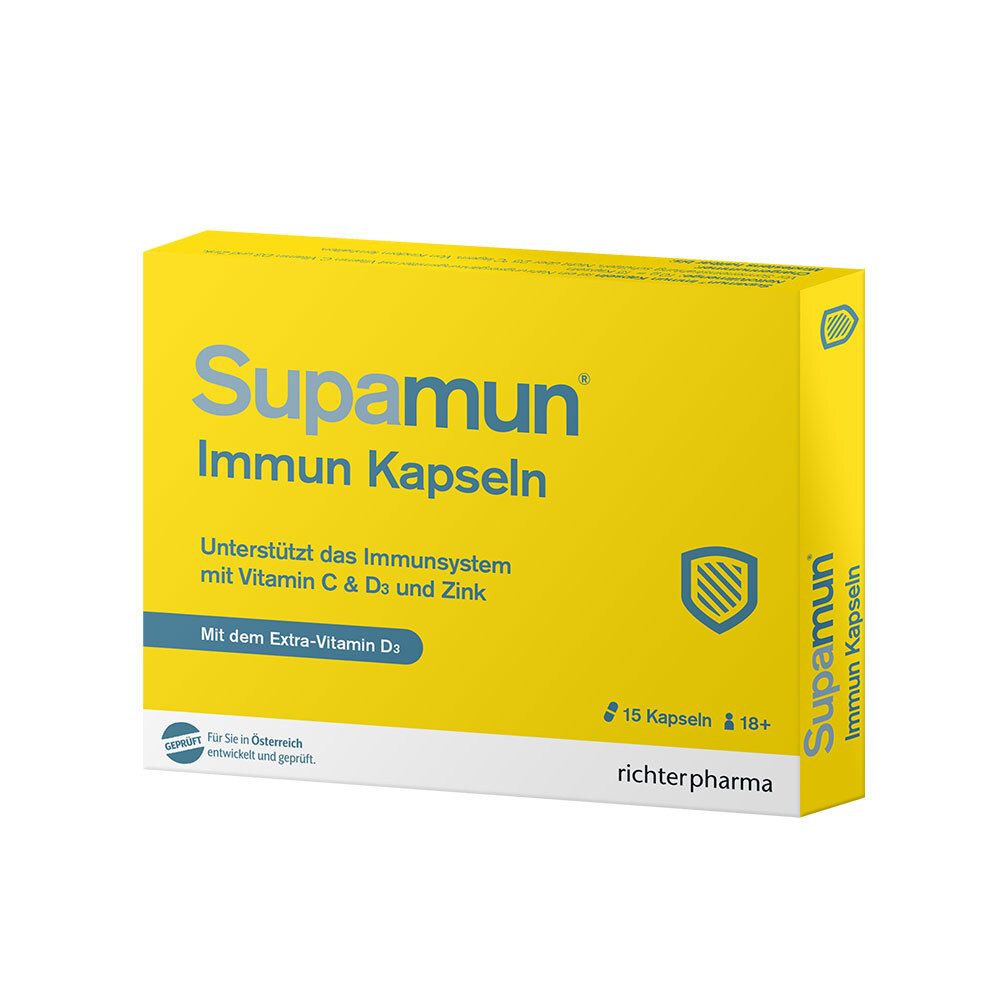 Gelbe Schachtel mit "Supamun Immun Kapseln". Enthält 15 Kapseln. Mit Vitamin C, D3 und Zink. Von richterpharma.