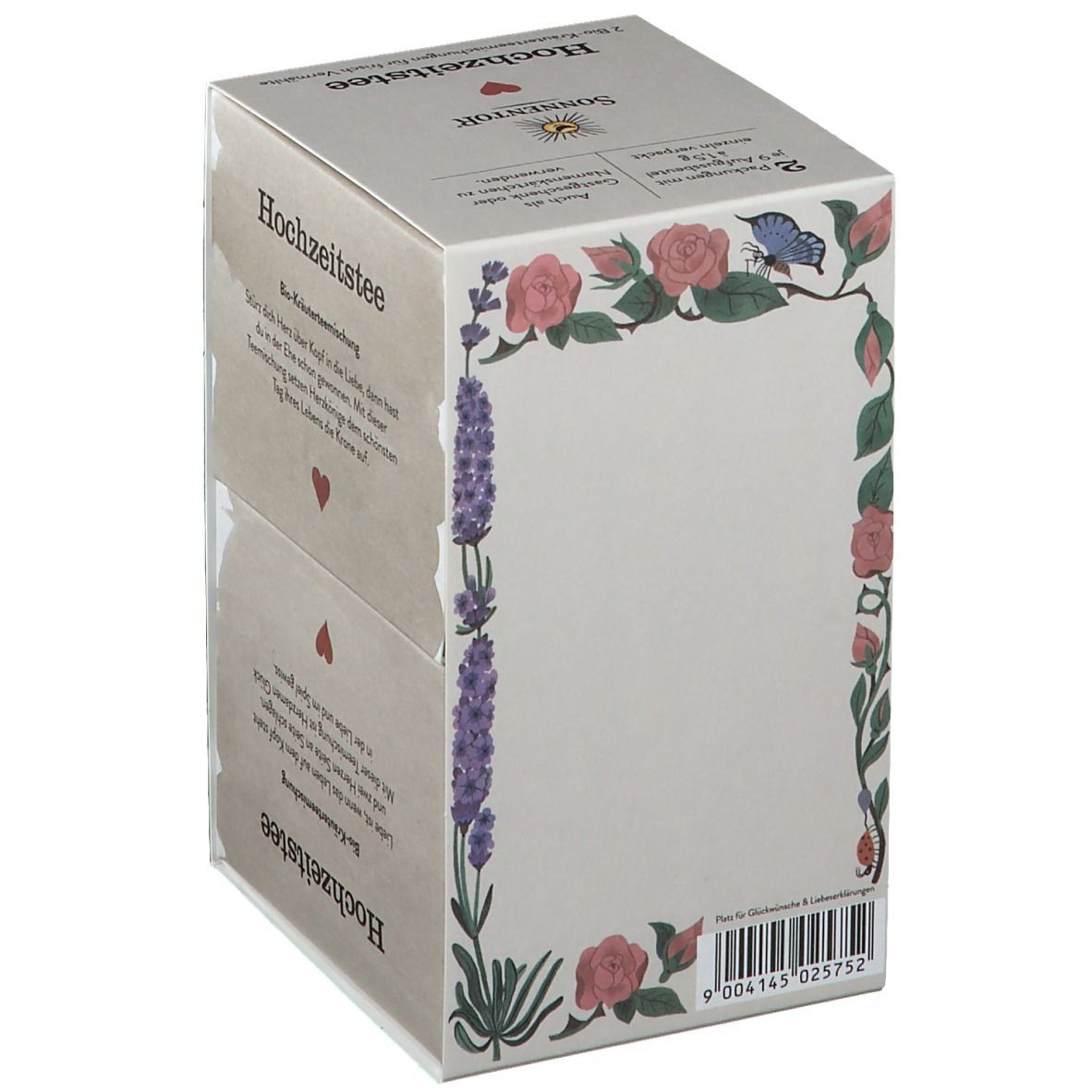 Karton SonnentoR® Hochzeitstee. Seite mit floralem Rahmen aus Rosen und Lavendel. Text: Hochzeitstee. Barcode.