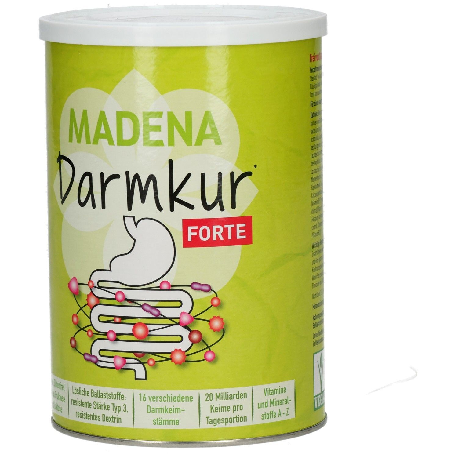 Grüne Dose mit weißem Deckel. Aufschrift MADENA Darmkur FORTE. Illustration von Magen und Darm.