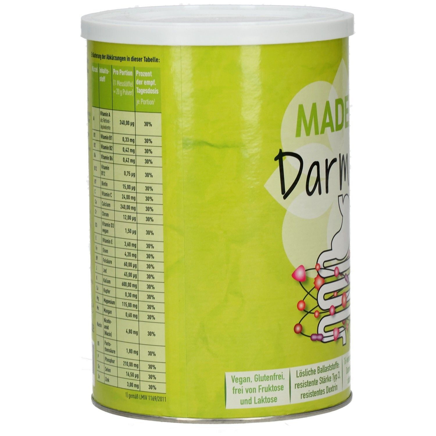 Grüne Dose mit weißem Deckel. Aufschrift MADENA Darmkur. Nährwerttabelle und weitere Informationen.