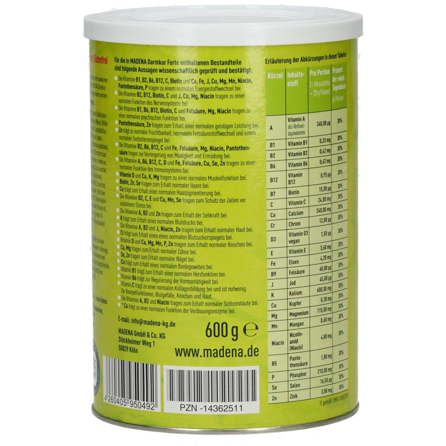 Grüne Dose mit weißem Deckel. Aufschrift MADENA Darmkur. Informationen zu Inhaltsstoffen und Nährwerten.