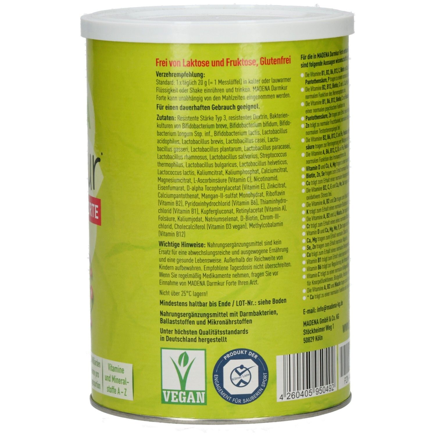 Grüne Dose mit weißem Deckel. Aufschrift MADENA Darmkur. Informationen zu Inhaltsstoffen und Anwendung.