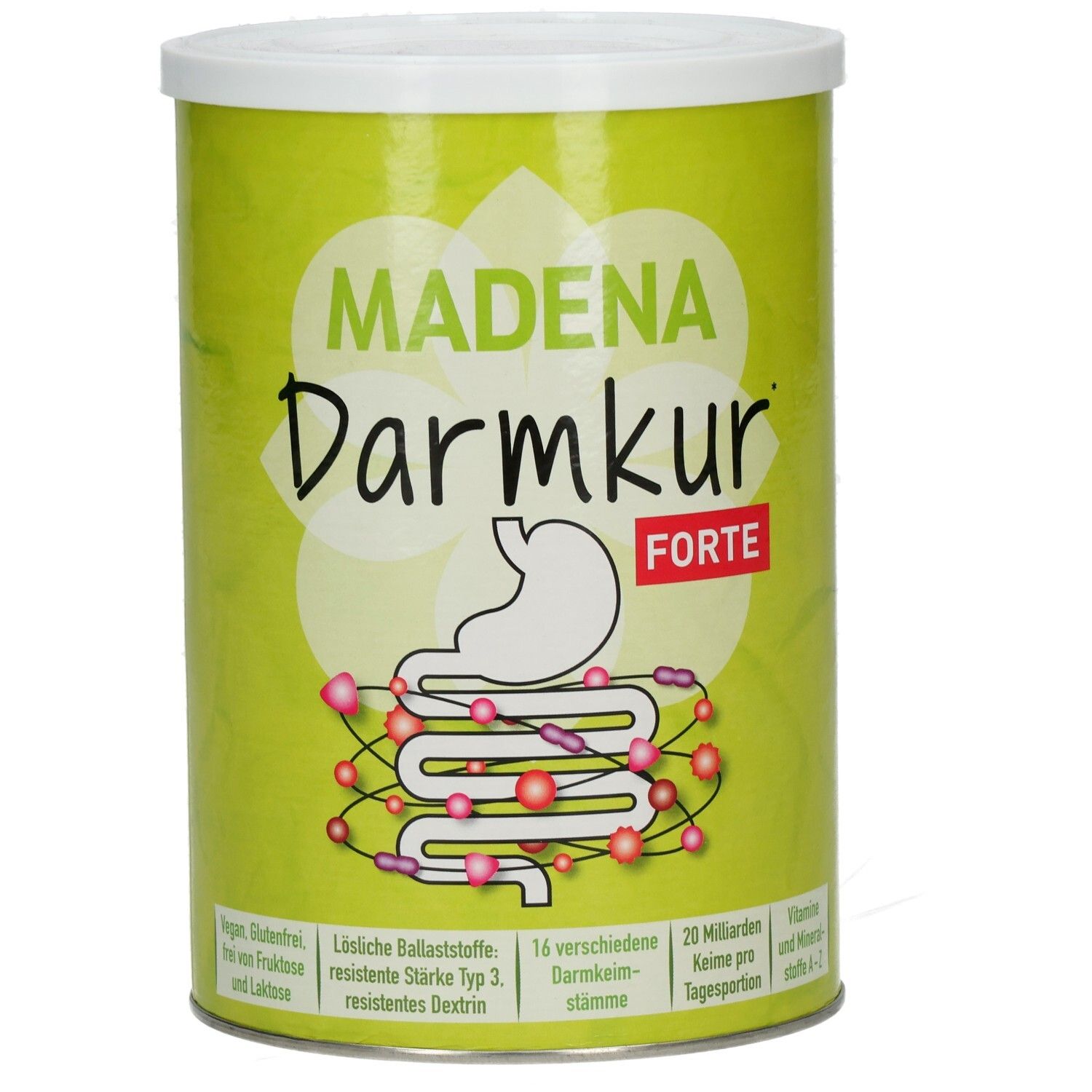 Grüne Dose mit weißem Deckel. Aufschrift MADENA Darmkur FORTE. Illustration von Magen und Darm.