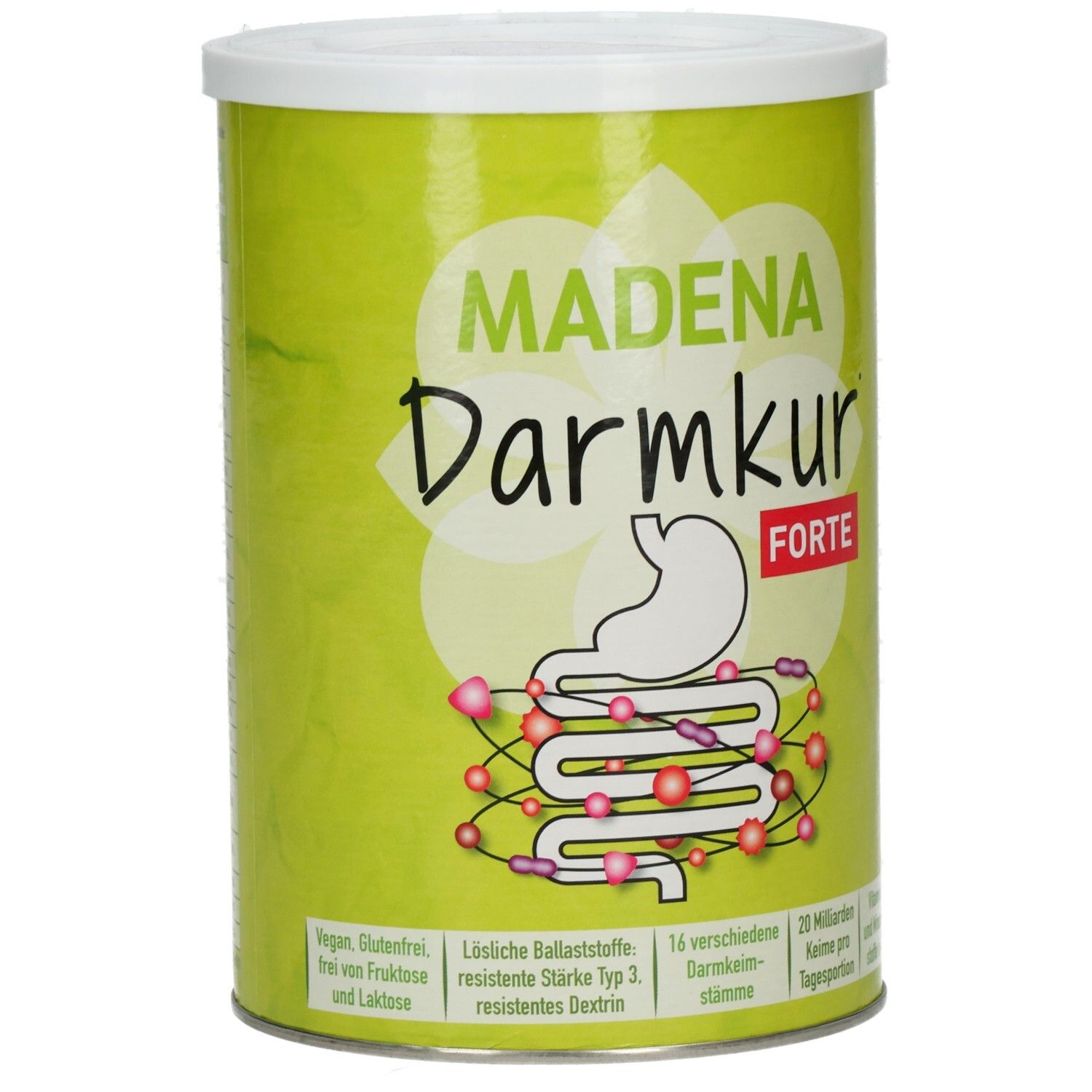 Grüne Dose mit weißem Deckel. Aufschrift MADENA Darmkur FORTE. Illustration von Magen und Darm.