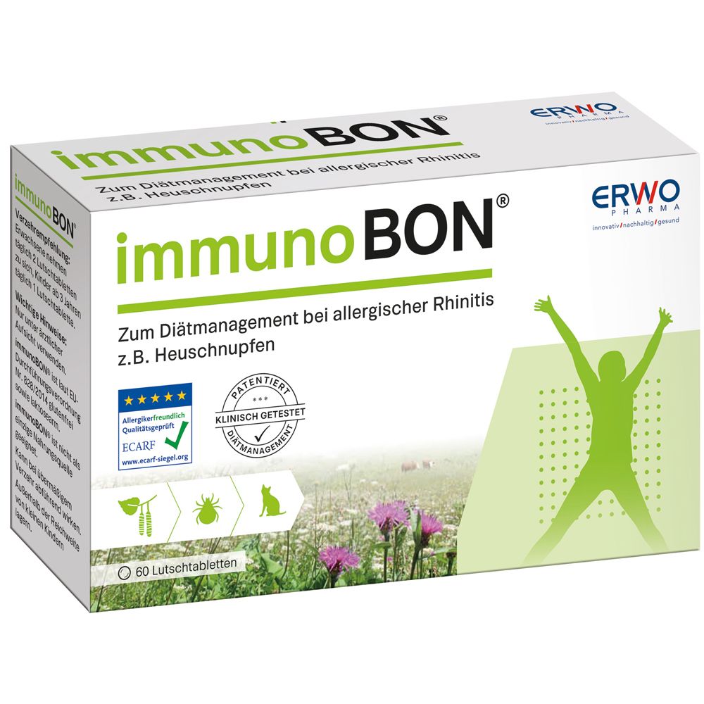 Packung immunoBON Lutschtabletten mit 60 Stück, für Diätmanagement bei allergischer Rhinitis.
