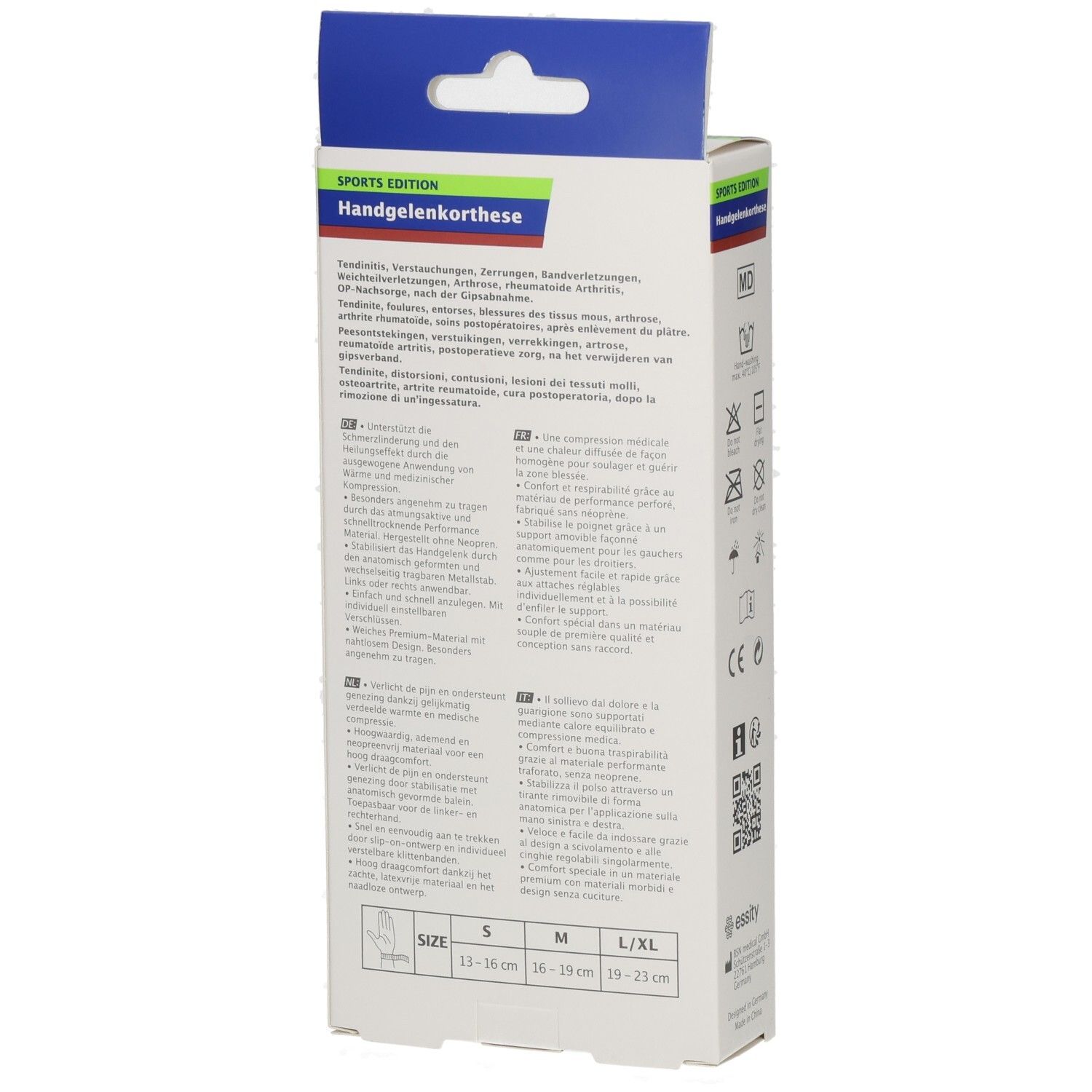 Rückseite der Actimove Handgelenk-Orthese Verpackung mit Größenangaben S, M, L/XL.