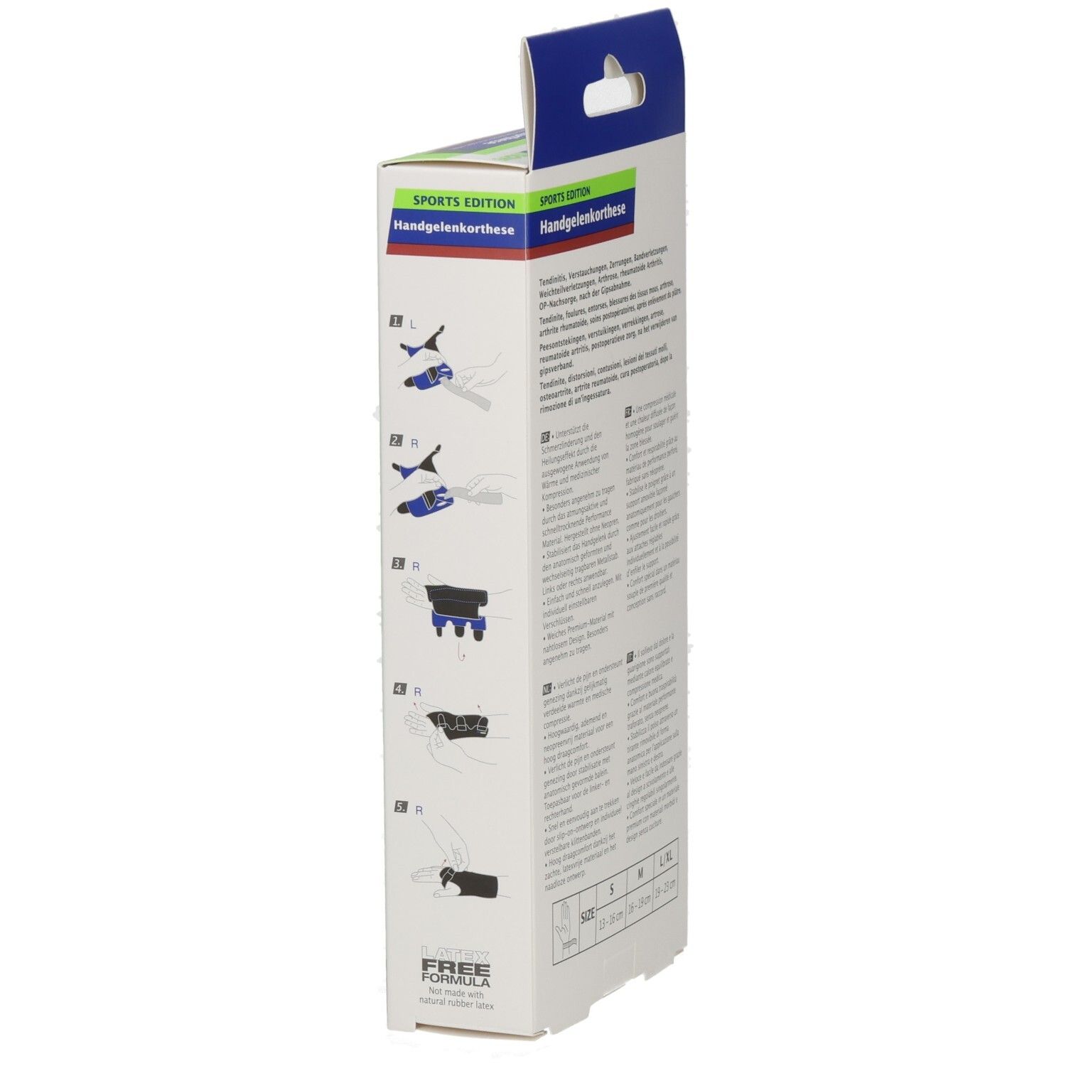Seitenansicht der Actimove Handgelenk-Orthese Verpackung mit Anwendungshinweisen.