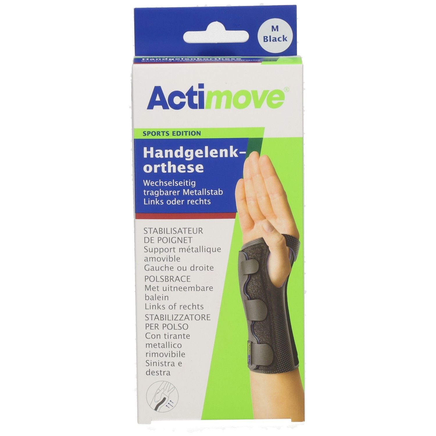 Actimove Handgelenk-Orthese, Sports Edition, Größe M, schwarz. Mit wechselbarem Metallstab.