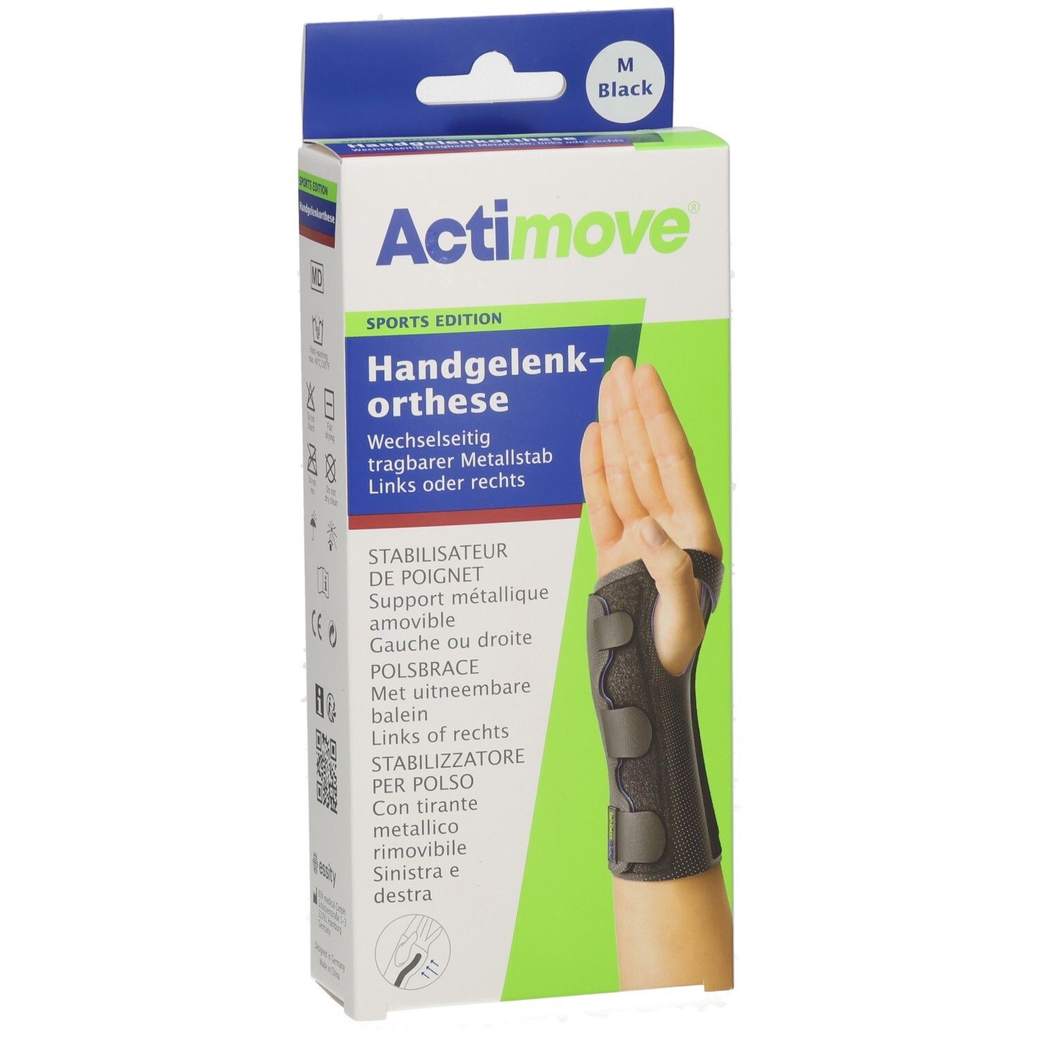 Actimove Handgelenk-Orthese, Sports Edition, Größe M, schwarz. Mit wechselbarem Metallstab.