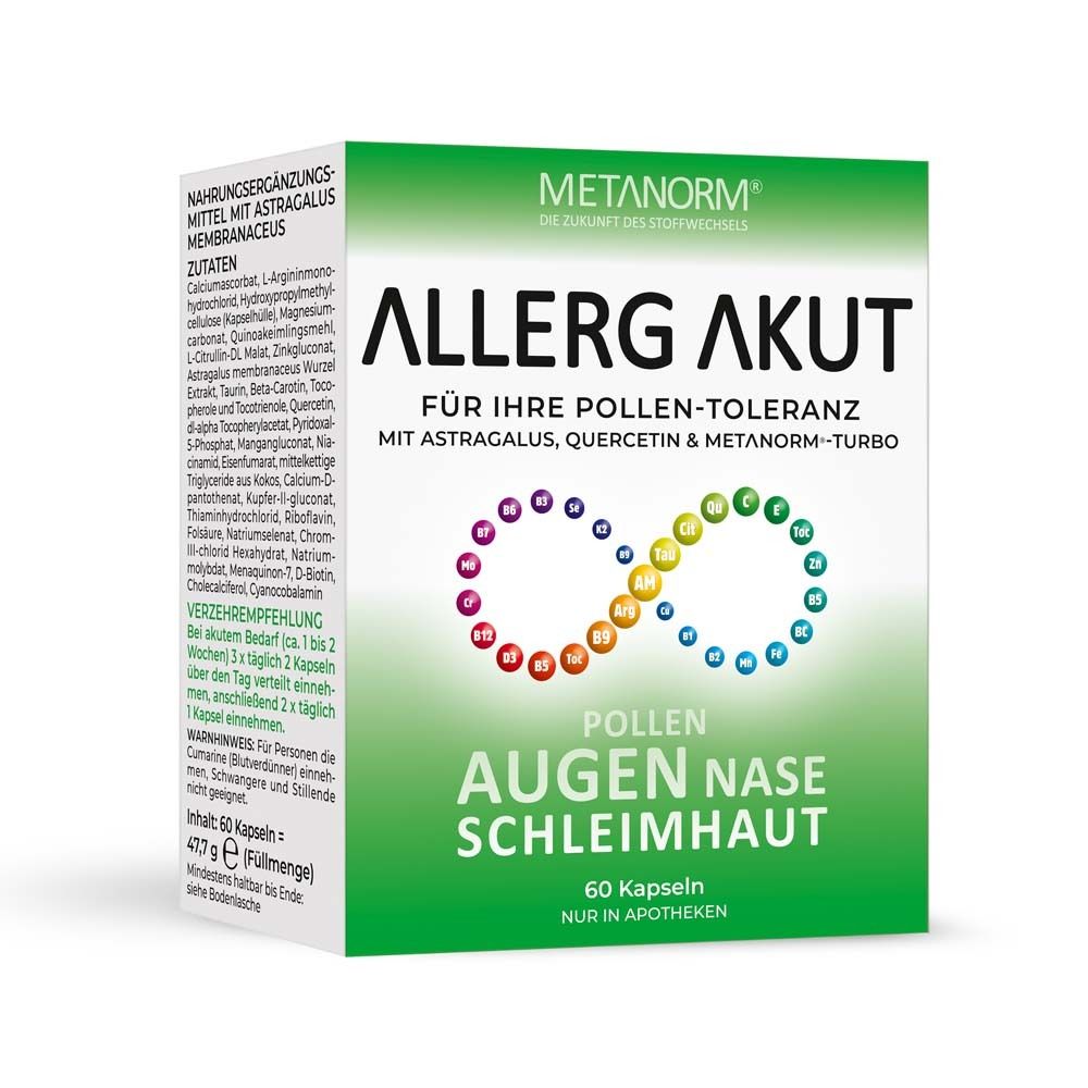 METANORM Allerg Akut. Karton mit 60 Kapseln. Aufschrift: Allerg Akut, Augen, Nase, Schleimhaut. Grün-weißes Design.