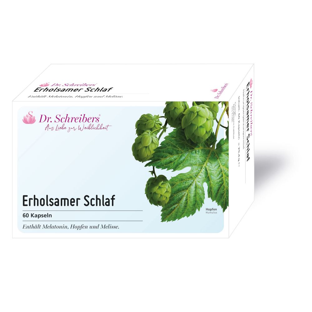 Dr. Schreibers Erholsamer Schlaf: Packung mit 60 Kapseln, enthält Melatonin, Hopfen und Melisse.