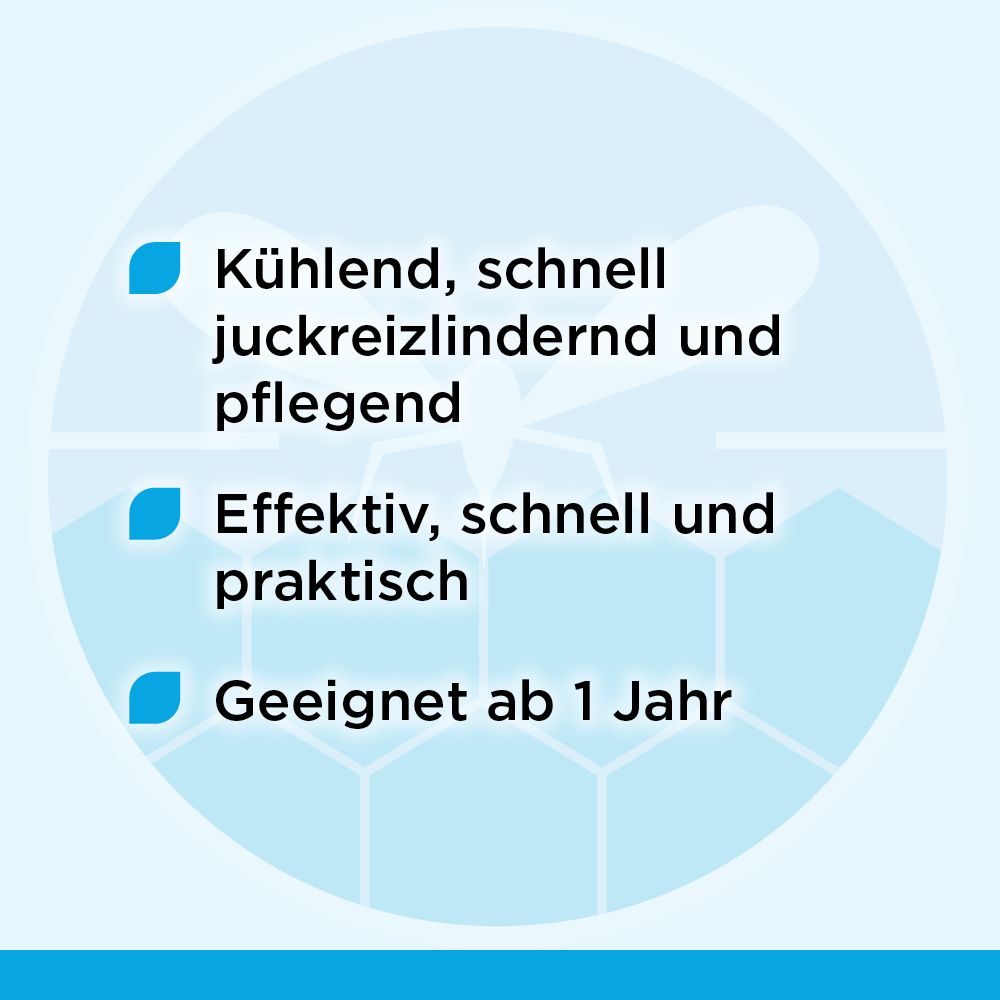 Blauer Hintergrund mit Text: Kühlend, juckreizlindernd und pflegend. Geeignet ab 1 Jahr.