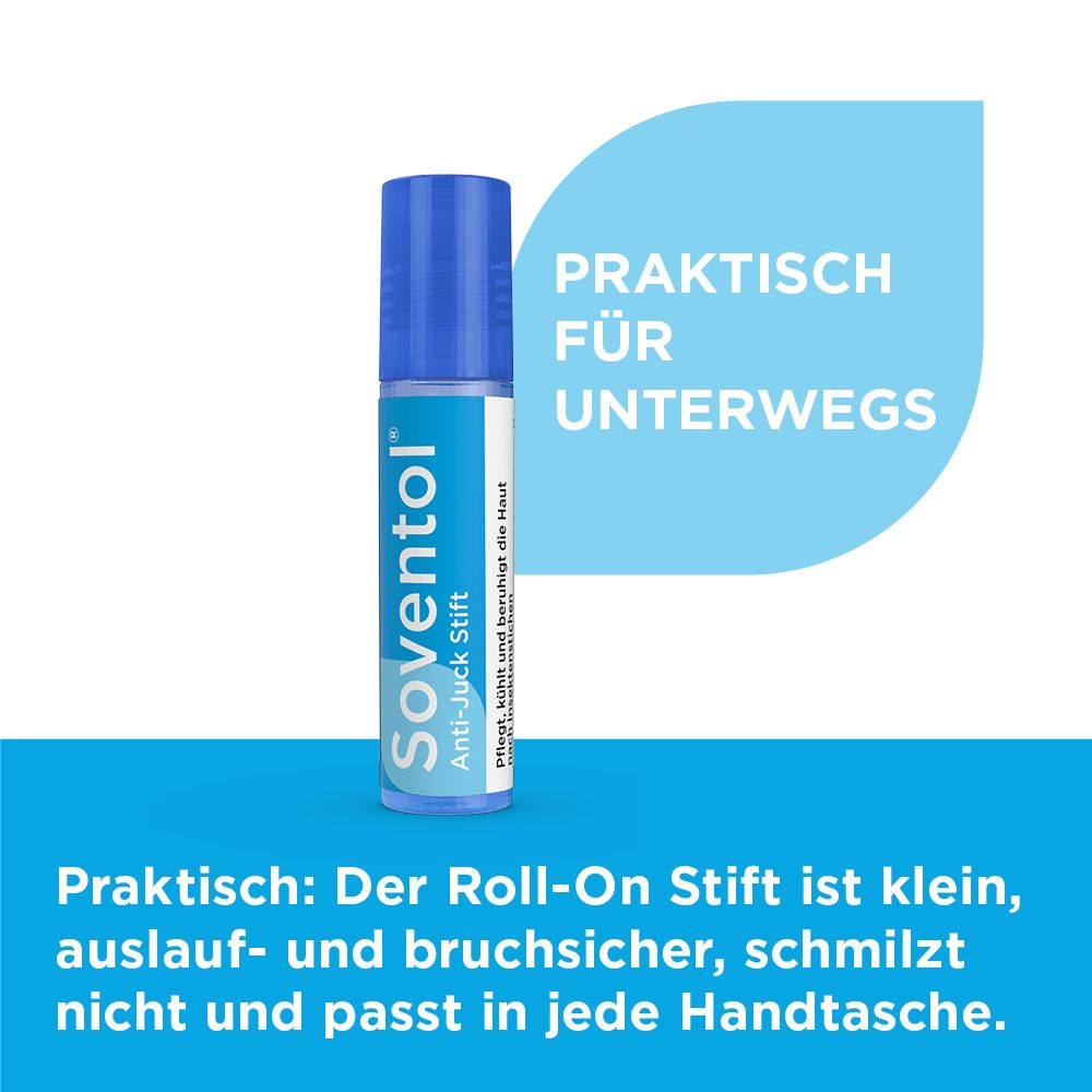Blauer Soventol® Anti-Juck Stift. Text: Praktisch für unterwegs. Klein, auslaufsicher, bruchsicher.