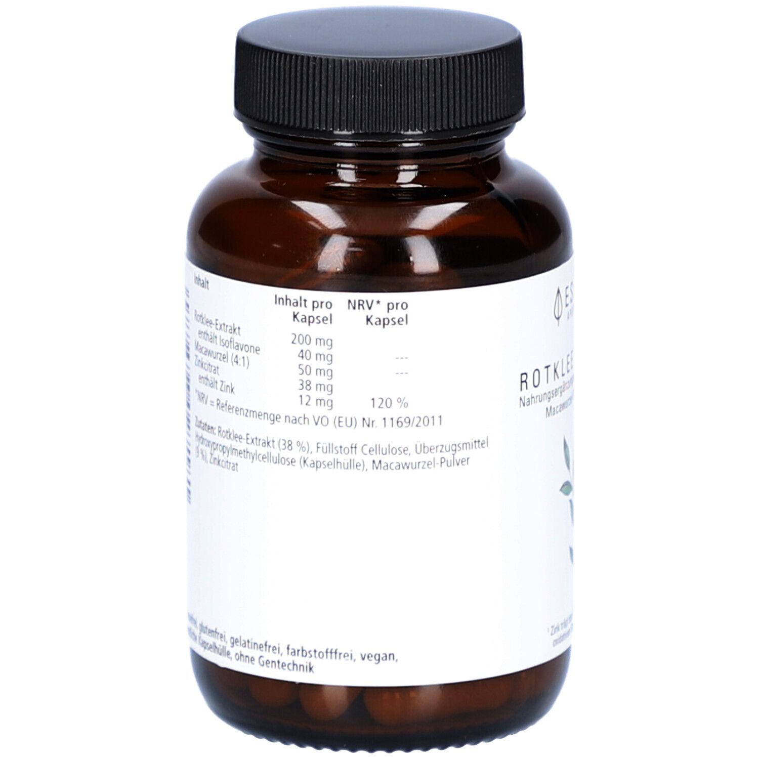 Rückseite der braunen Flasche. Etikett mit Inhaltsangaben pro Kapsel, Nährwertangaben und Inhaltsstoffen.