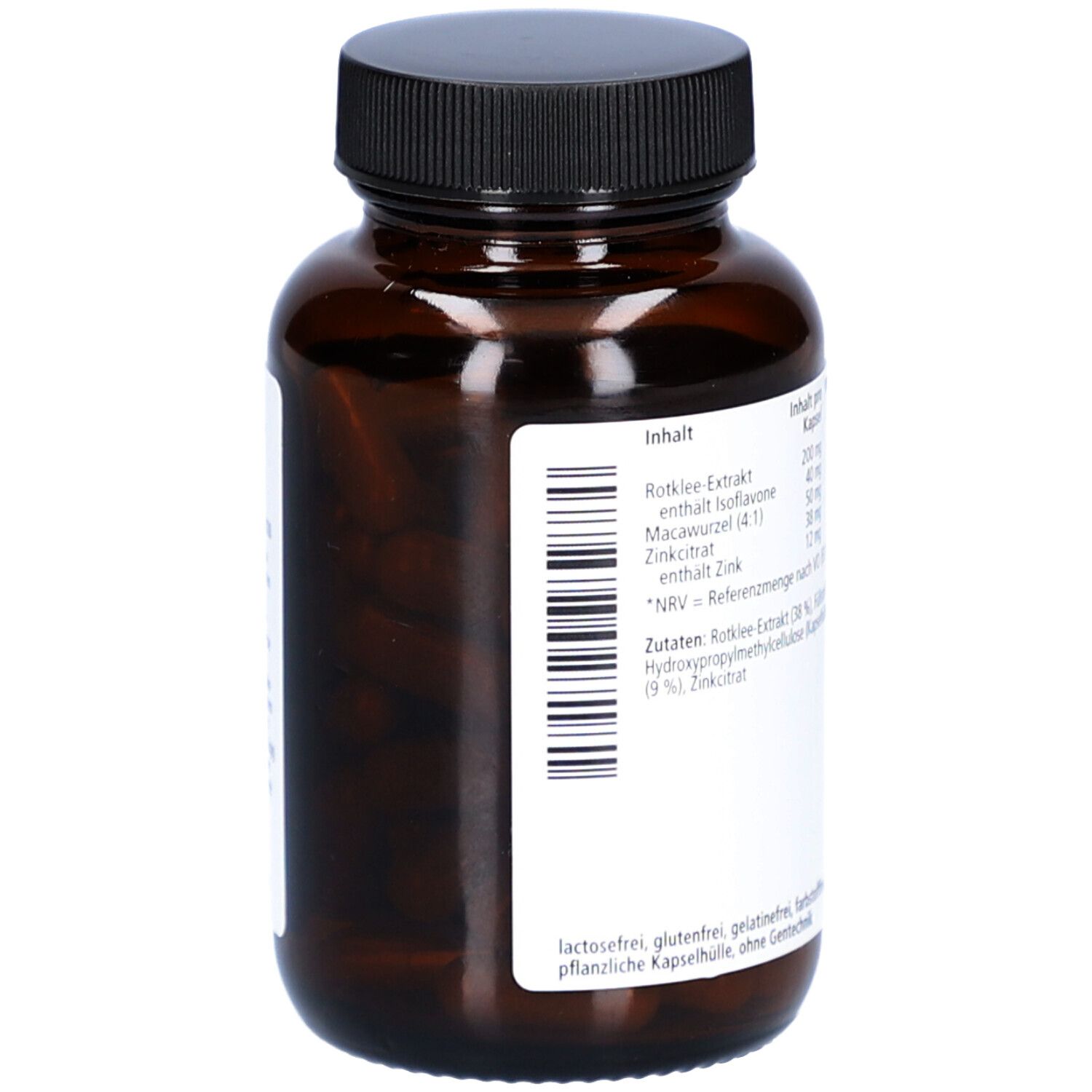 Rückseite der braunen Flasche. Etikett mit Inhaltsstoffen und Nährwertangaben. Text: Lactosefrei, glutenfrei, vegan.
