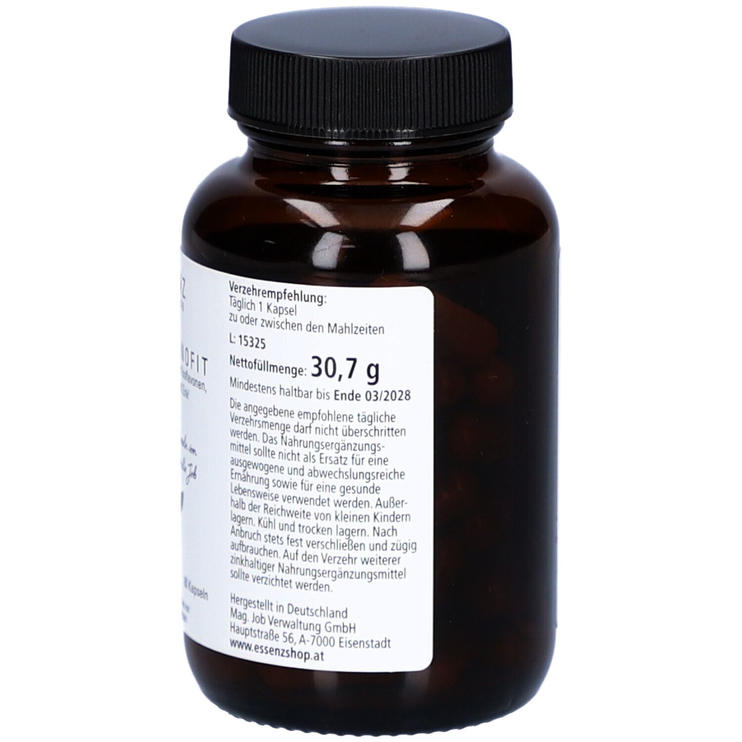 Rückseite der braunen Flasche. Etikett mit Verzehrempfehlung, Nettogewicht, Mindesthaltbarkeit und Herstellerinformationen.