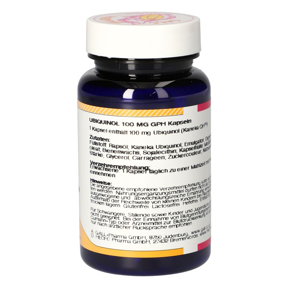 Rückseite der Flasche. Text: Ubiquinol 100 mg GPH Kapseln. Zutaten, Verzehrempfehlung, Hinweise. Weißes Etikett, blauer Flaschenkörper.