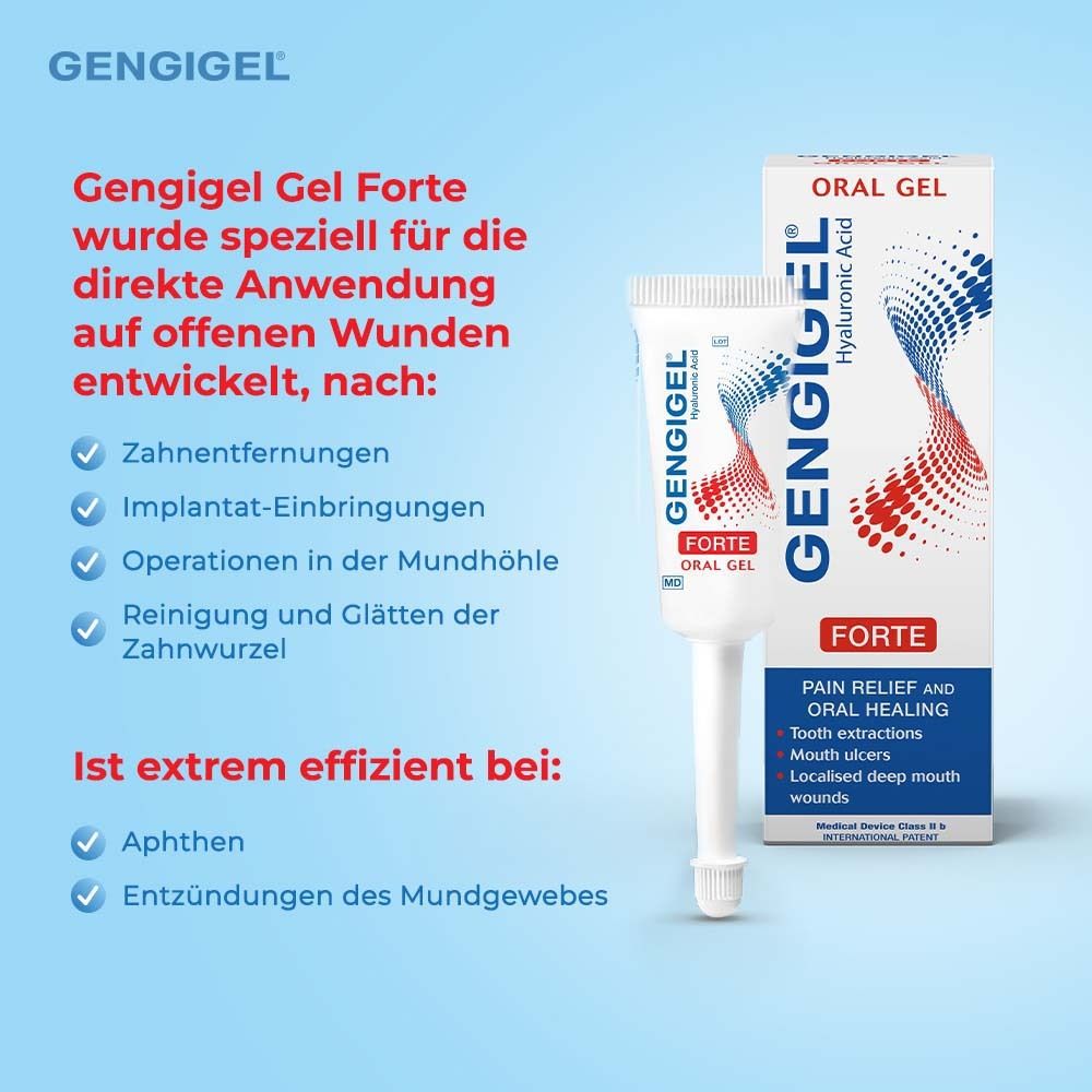 Gengigel® Gel forte-Verpackung und Tube. Text über Anwendung nach Zahnbehandlungen. Auflistung von Anwendungsfällen.
