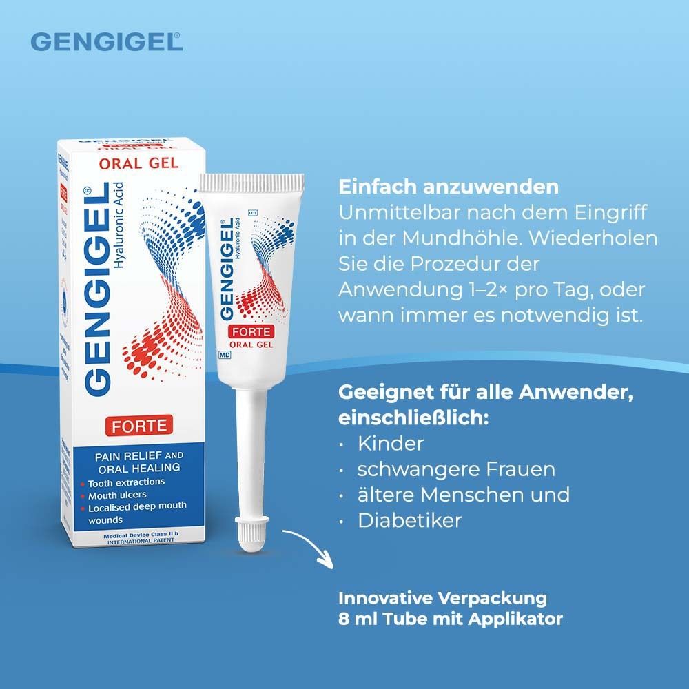 Gengigel® Gel forte-Verpackung und Tube. Text über Anwendung und Zielgruppen: Kinder, Schwangere, ältere Menschen, Diabetiker.