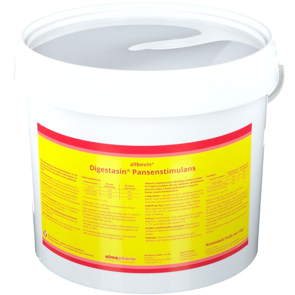 Weißer Eimer mit gelb-rotem Etikett. Aufschrift: allbovin® Digestasin® Pansenstimmulans. Produktinformationen.