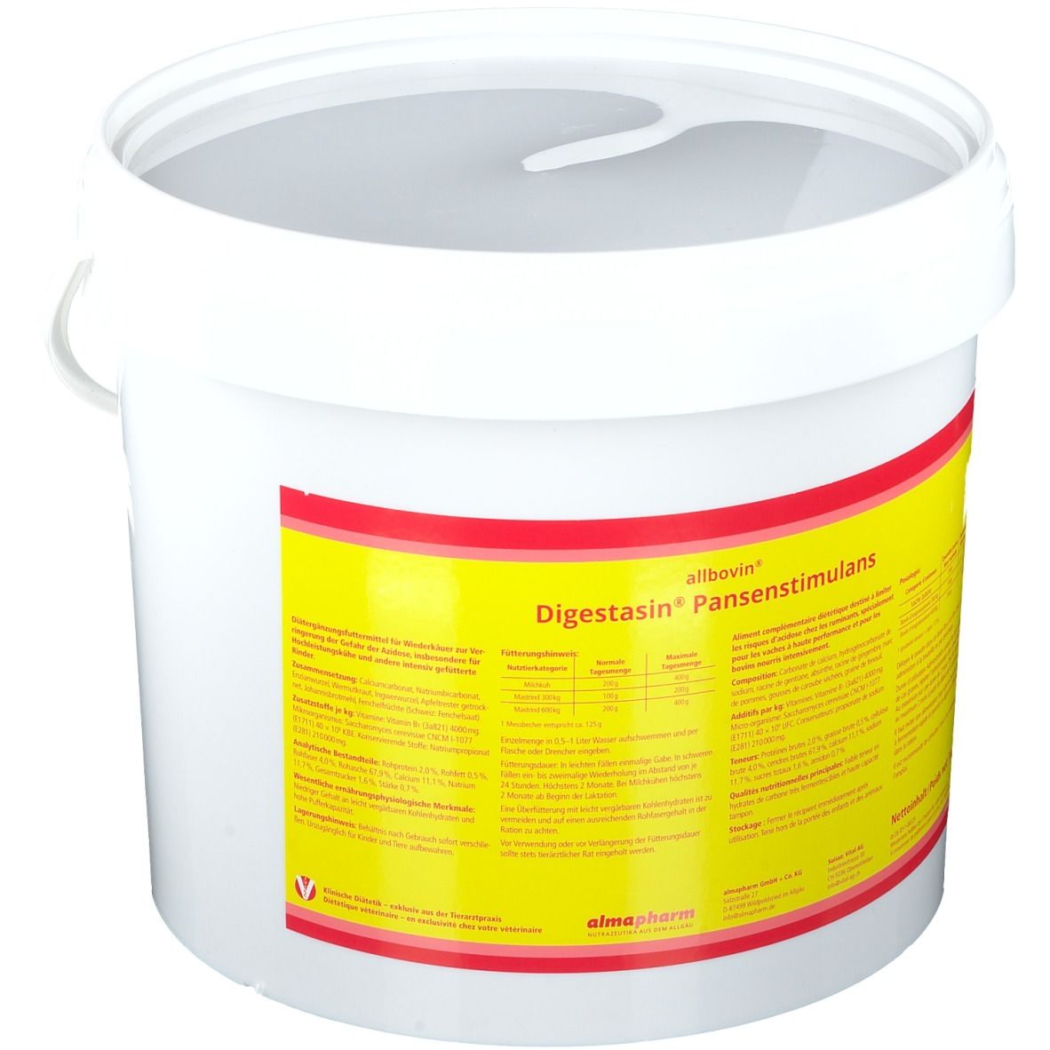 Weißer Eimer mit gelb-rotem Etikett. Aufschrift: allbovin® Digestasin® Pansenstimmulans. Produktinformationen.