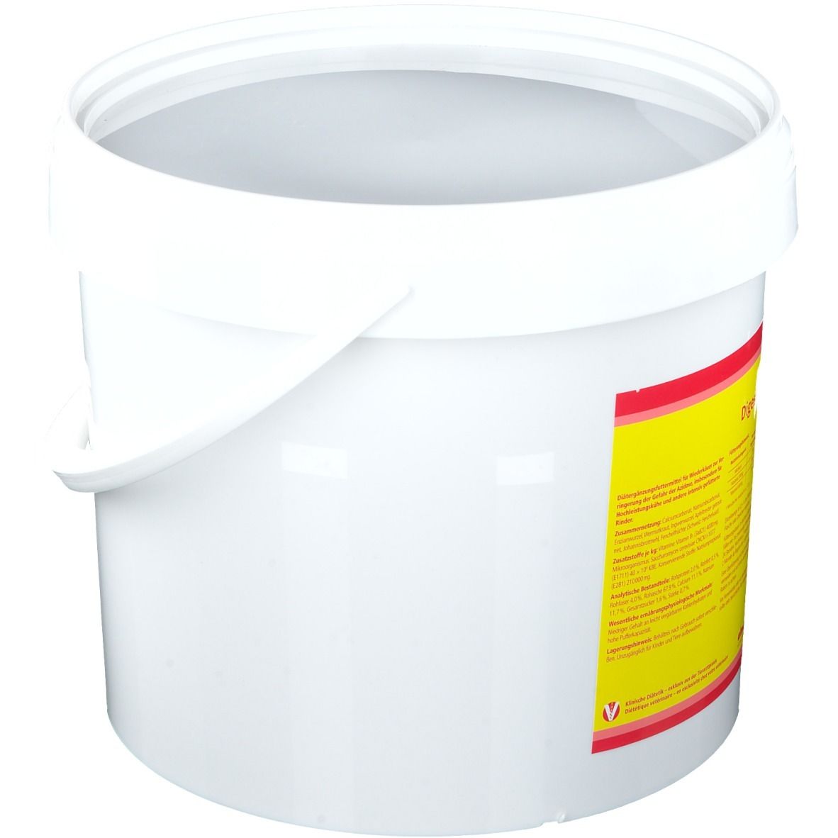 Weißer Eimer mit gelb-rotem Etikett. Aufschrift: allbovin® Digestasin® Pansenstimmulans. Produktinformationen.