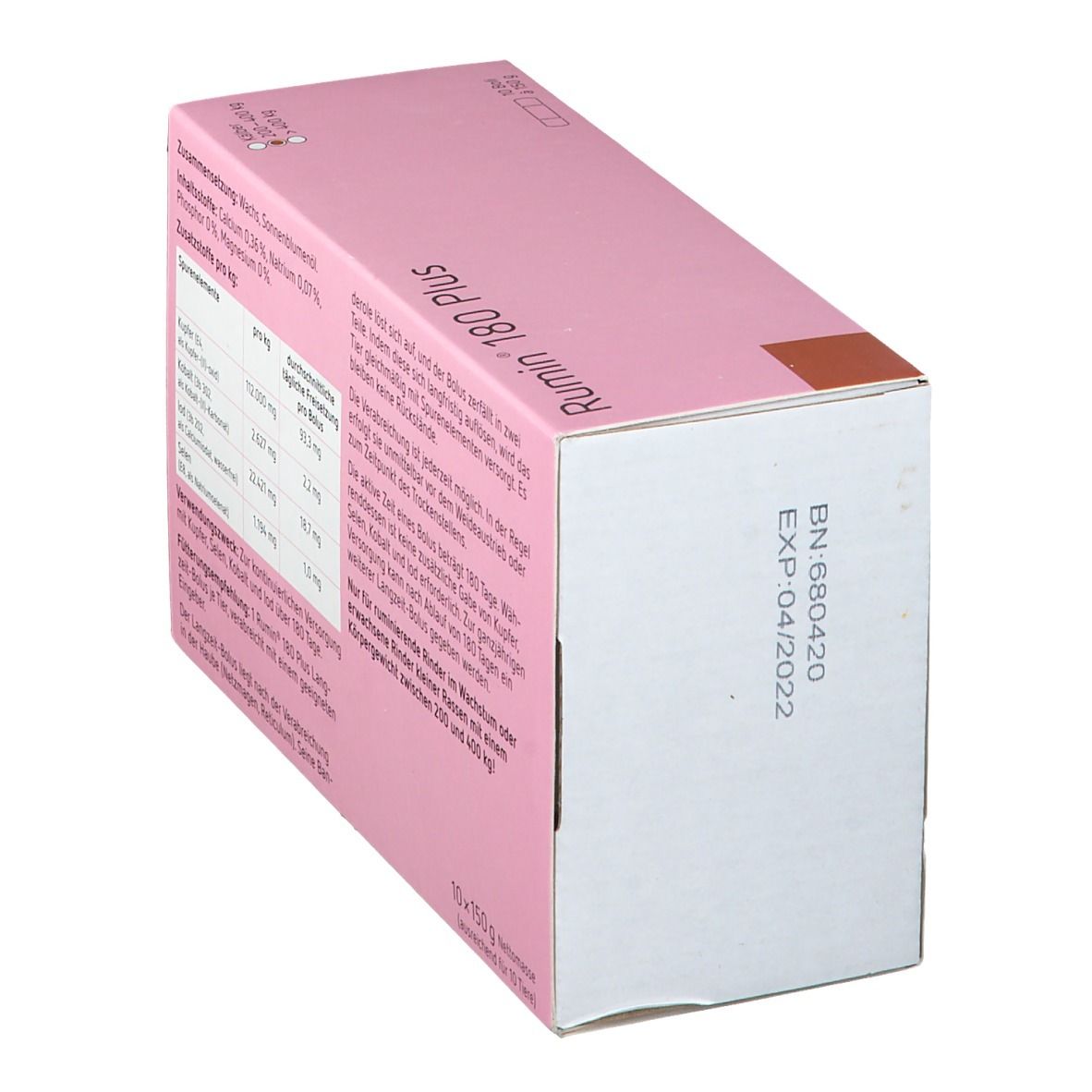 Rosa-weiße Verpackung mit Text. Enthält Informationen und ein Verfallsdatum. Eckige Form.