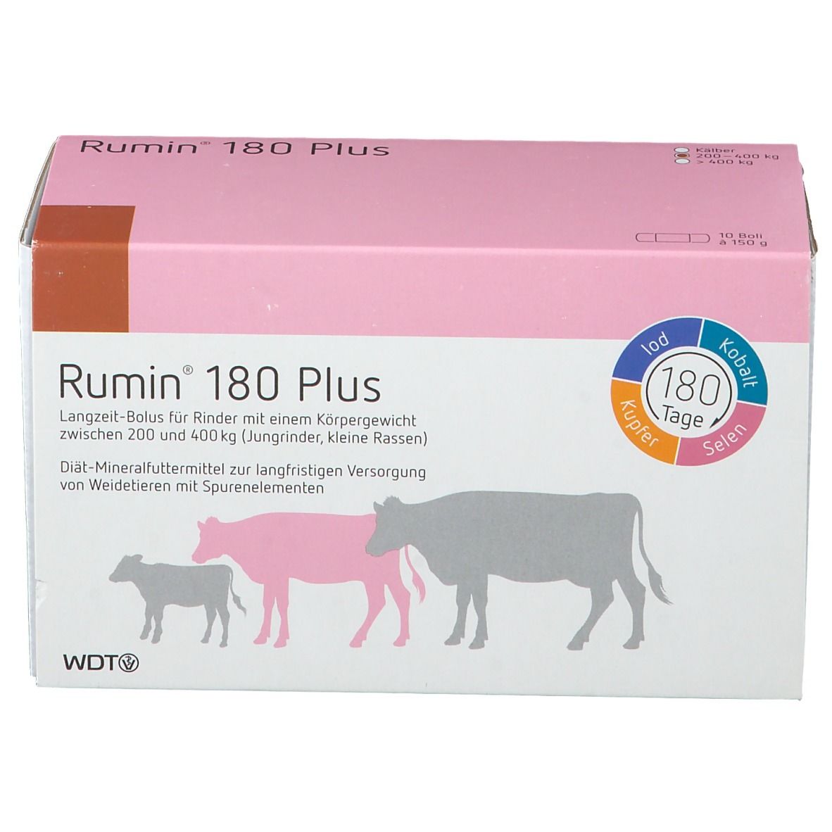 Rosa-weiße Verpackung mit Produktnamen und Illustrationen von Kühen. Eckige Form, brauner Akzent.