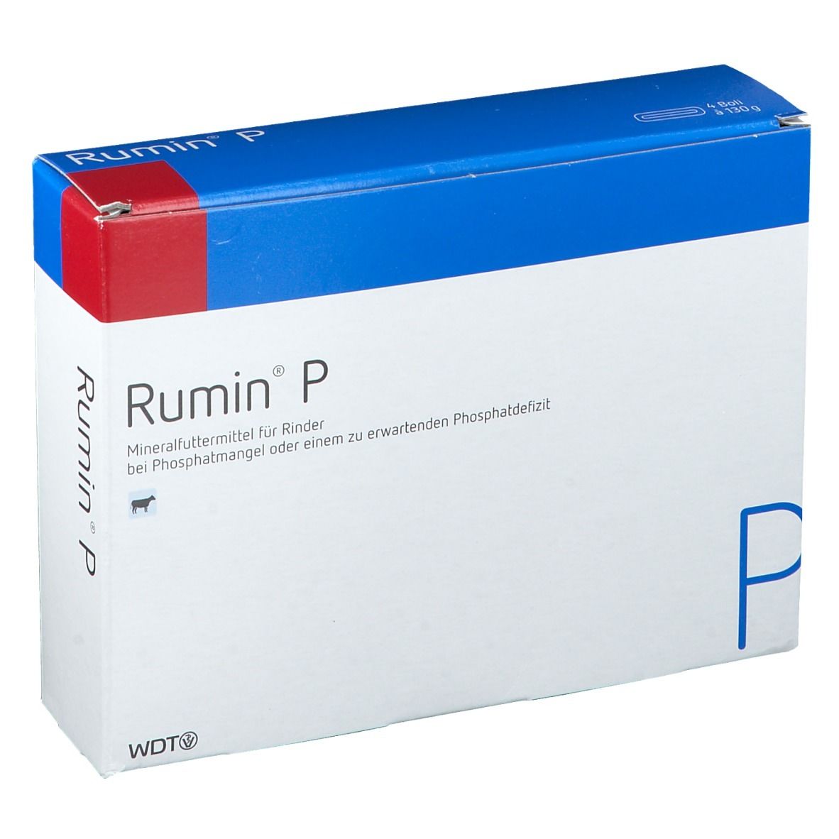 Karton Rumin® P. Blaue und weiße Verpackung mit rotem Akzent. Schriftzug und Produktinformationen.