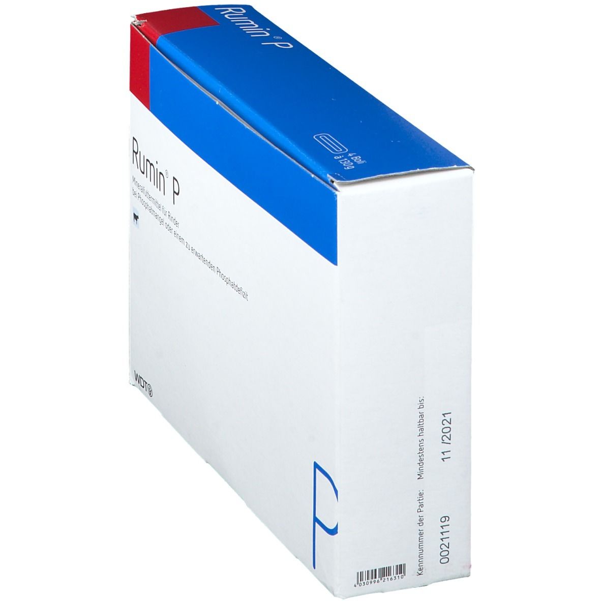 Schräg gestellte Verpackung Rumin® P. Blaue, weiße und rote Verpackung. Produktname und Informationen.