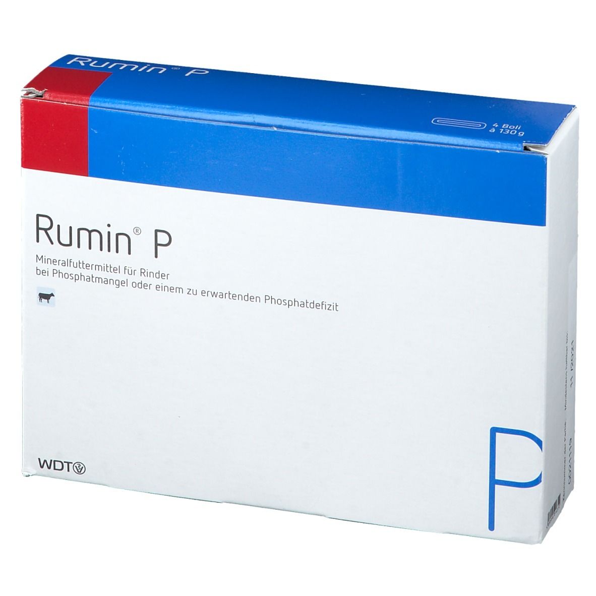 Karton Rumin® P. Blaue und weiße Verpackung mit rotem Akzent. Schriftzug und Produktinformationen.