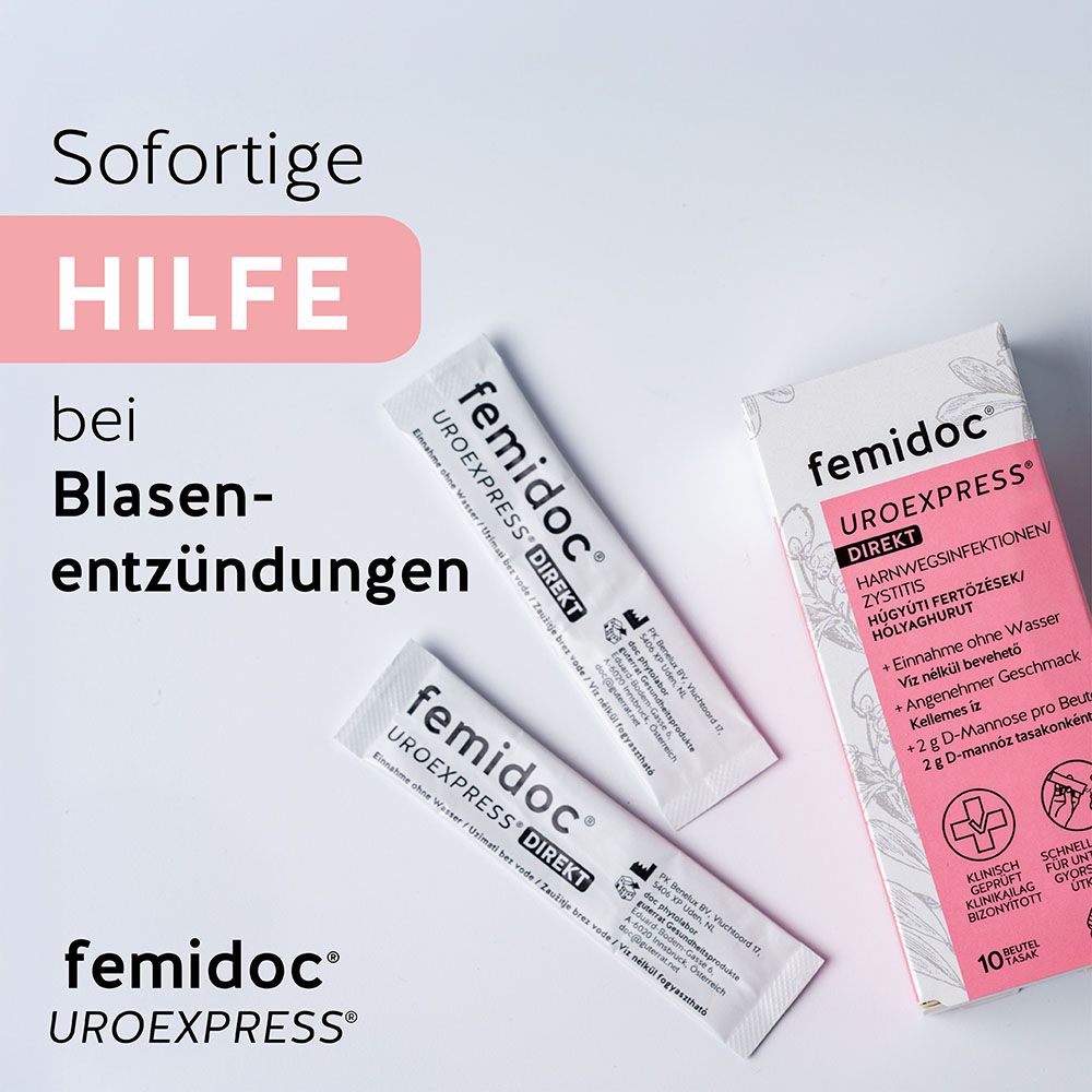 Verpackung und zwei Beutel von femidoc® UROEXPRESS® DIREKT für sofortige Hilfe bei Blasenentzündungen.