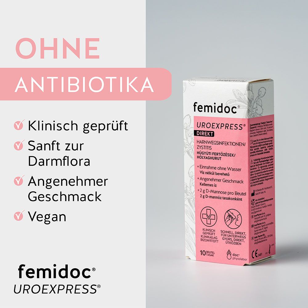 Verpackung von femidoc® UROEXPRESS® DIREKT, klinisch geprüft, sanft zur Darmflora, vegan.