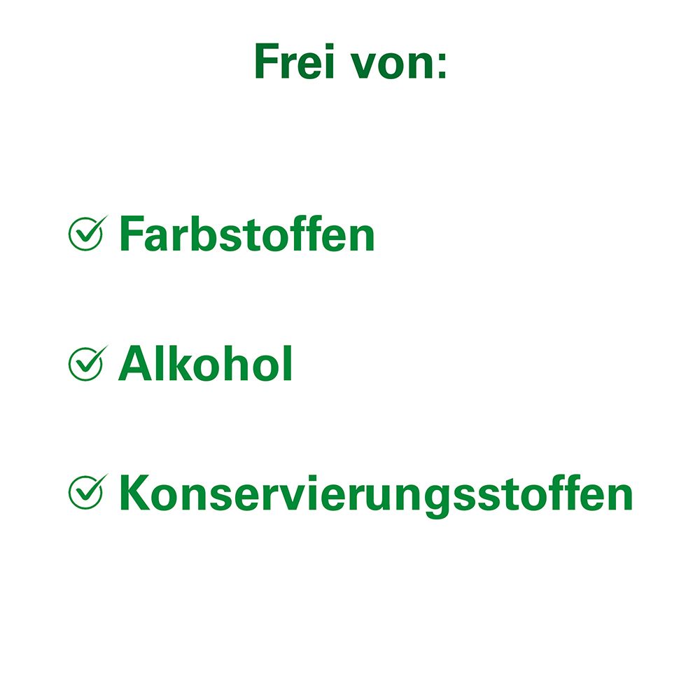 Text: Frei von: Farbstoffen, Alkohol, Konservierungsstoffen. Grüne Check-Symbole.