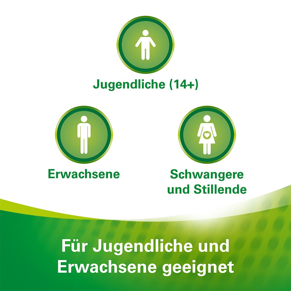 Grafik mit Personen: Jugendliche, Erwachsene, Schwangere und Stillende. Text: Für Jugendliche und Erwachsene geeignet.