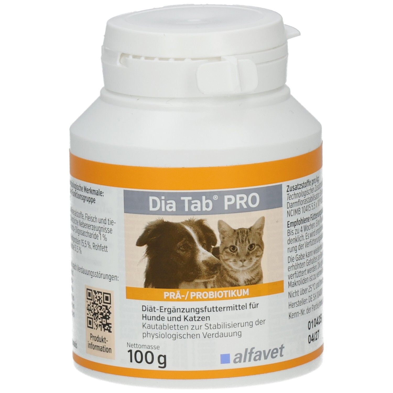 Weiße Kunststoffdose mit orangefarbenem Etikett. Aufschrift: Dia Tab PRO, Bild von Hund und Katze. 100g. Marke: alfavet.
