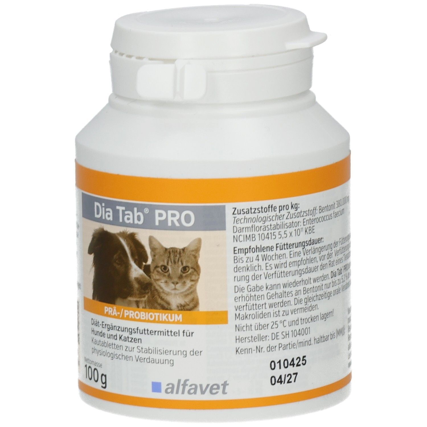Weiße Kunststoffdose mit orangefarbenem Etikett. Aufschrift: Dia Tab PRO, Bild von Hund und Katze. 100g. Marke: alfavet.