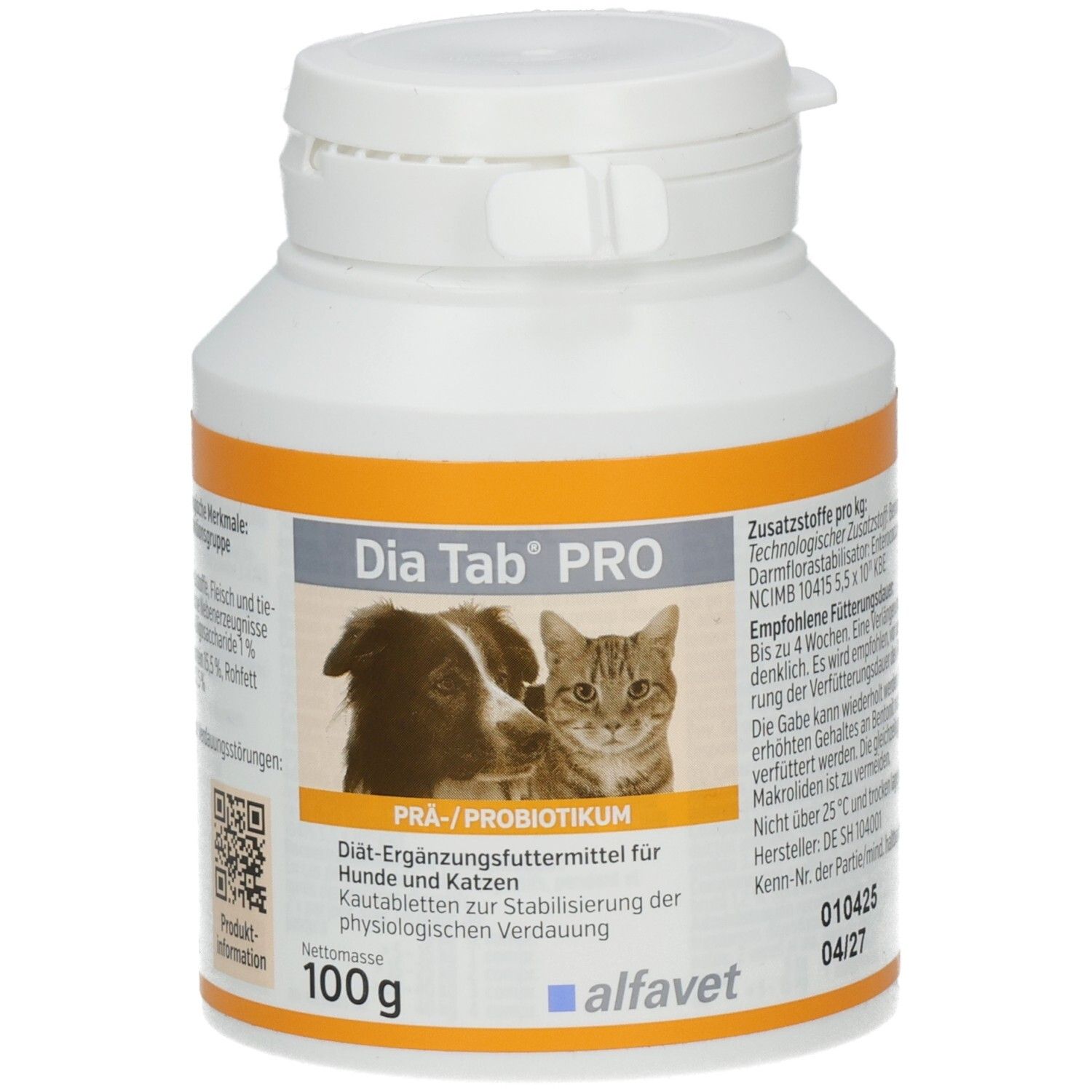 Weiße Kunststoffdose mit orangefarbenem Etikett. Aufschrift: Dia Tab PRO, Bild von Hund und Katze. 100g. Marke: alfavet.