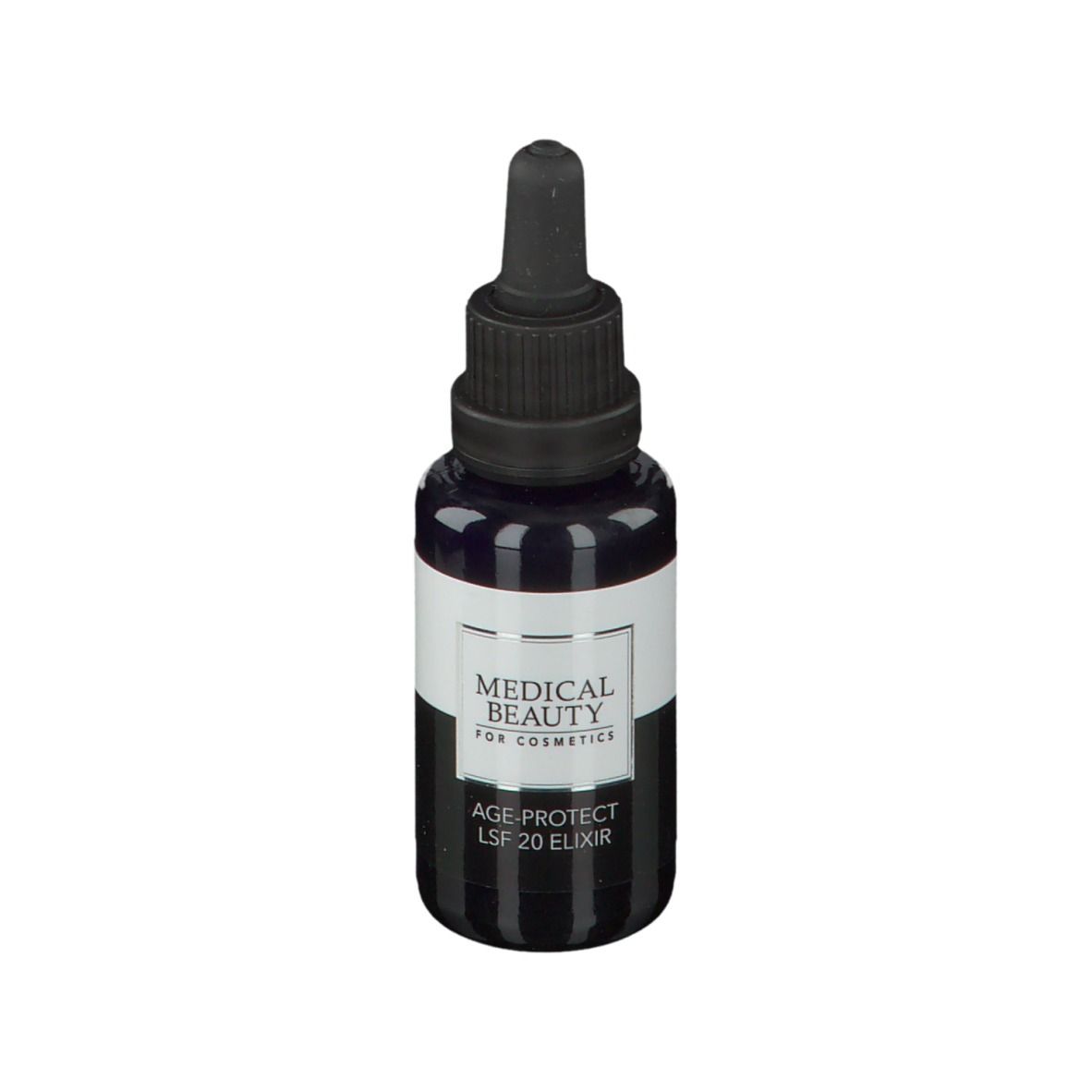 Dunkle Flasche mit Tropfer. Aufschrift: MEDICAL BEAUTY, AGE-PROTECT LSF 20 ELIXIR.