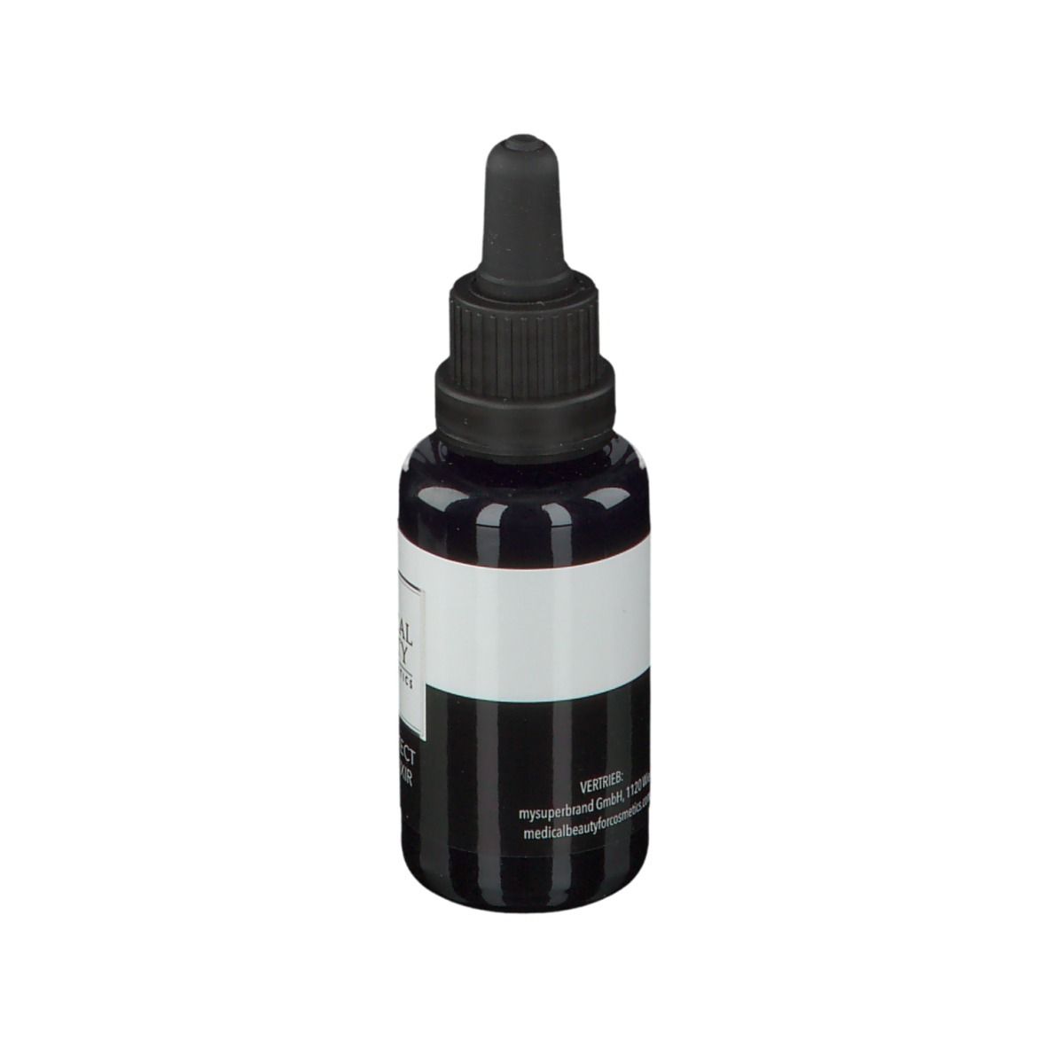 Dunkle Flasche mit Tropfer. Aufschrift: MEDICAL BEAUTY. Rückseite mit Text.