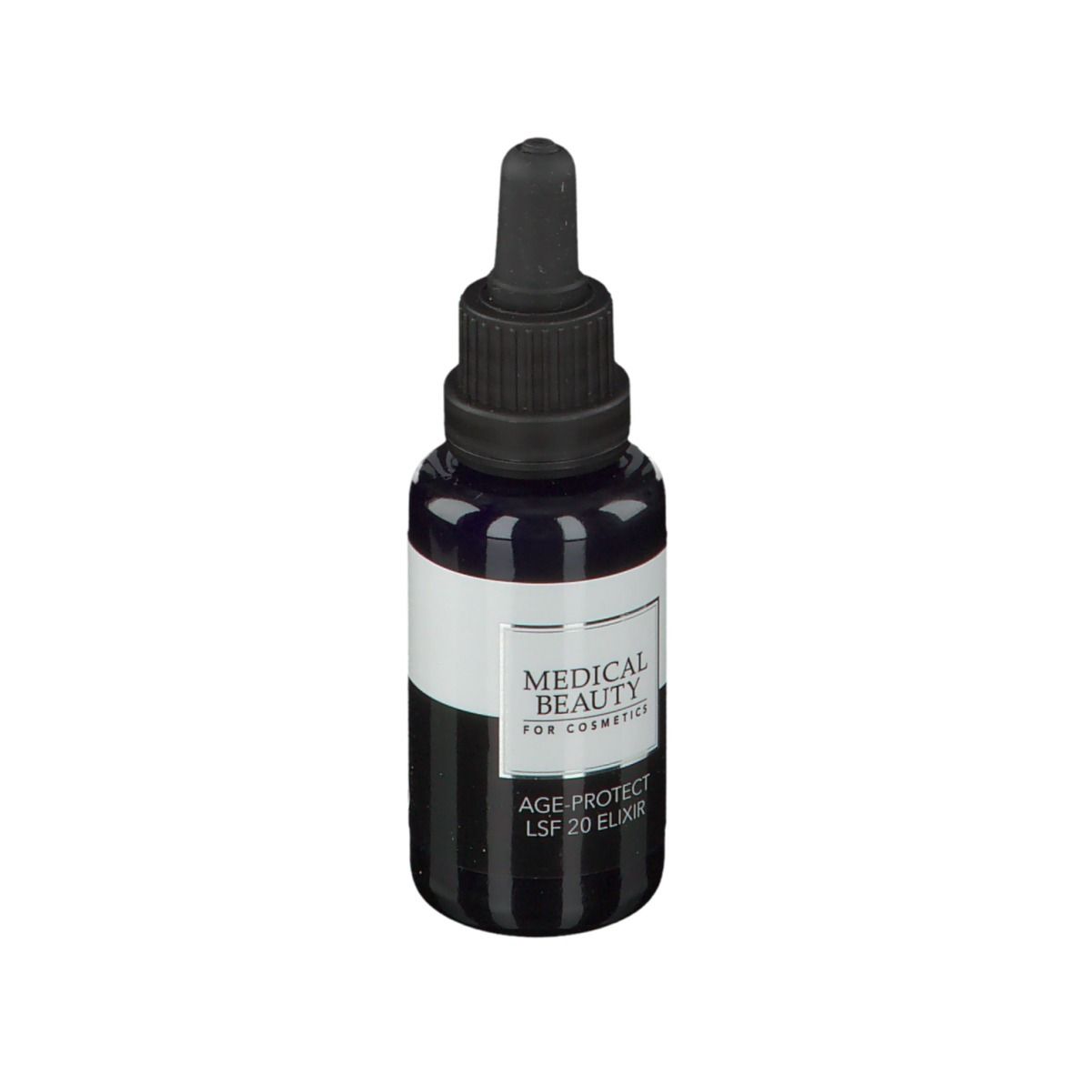 Dunkle Flasche mit Tropfer. Aufschrift: MEDICAL BEAUTY, AGE-PROTECT LSF 20 ELIXIR.