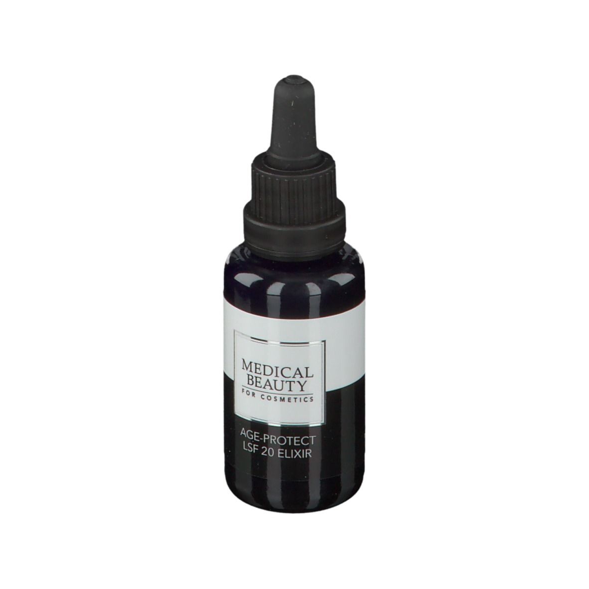 Dunkle Flasche mit Tropfer. Aufschrift: MEDICAL BEAUTY, AGE-PROTECT LSF 20 ELIXIR.